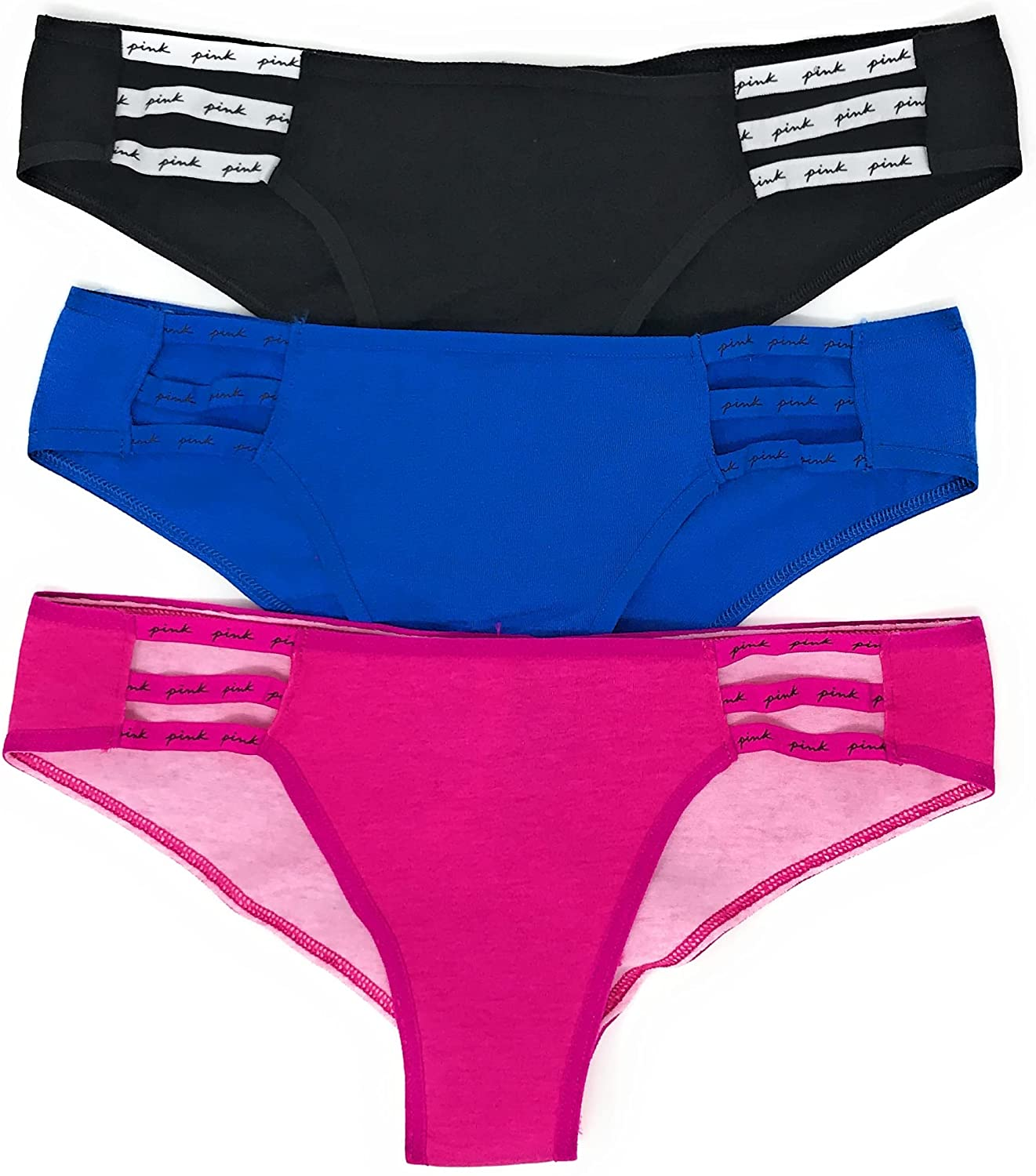 Victoria'S Secret Pink Cheekster Panty Set of 3  Victoria's Secret Strappy Black / Dark Blue / Magenta Love Large