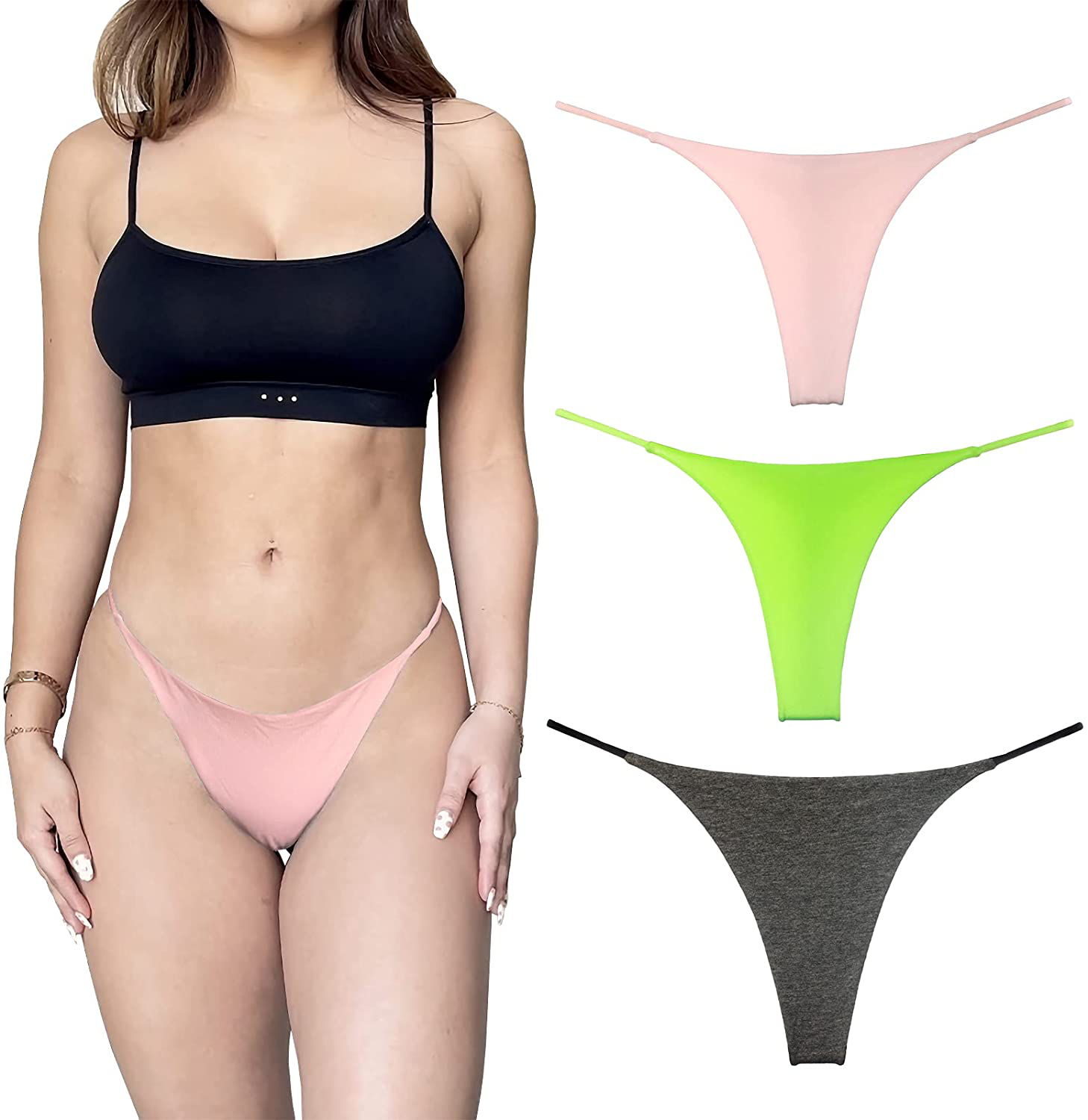 Cotton Thongs for Women Sexy Seamless Woman G String Panties 3 Pack Set Apparel & Accessories > Clothing > Underwear & Socks > Underwear KUKU PANDA Pink Green Grey Small