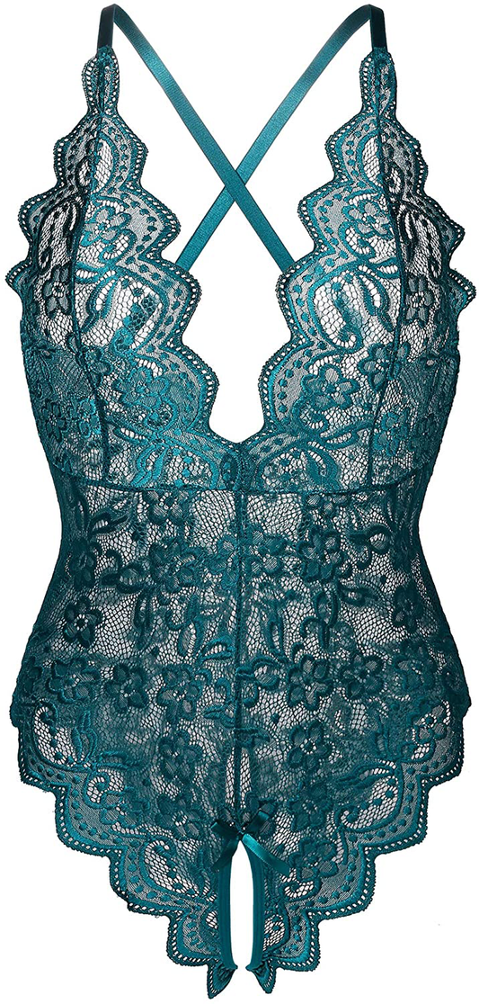 Donnalla Women's One Piece Teddy Plunging Lace Bodysuit Elegant Honeymoon Lingerie Apparel & Accessories > Clothing > Underwear & Socks > Lingerie Donnalla Green Small
