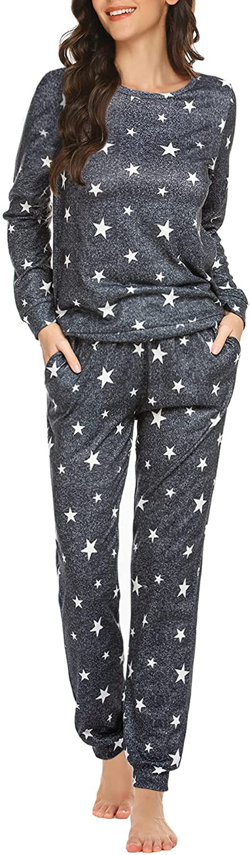 Ekouaer Womens Pajama Set Long Sleeve Sleepwear Star Print Nightwear Soft Pjs Lounge Sets with Pockets Apparel & Accessories > Clothing > Sleepwear & Loungewear > Pajamas Ekouaer A-dark Grey White Star Medium