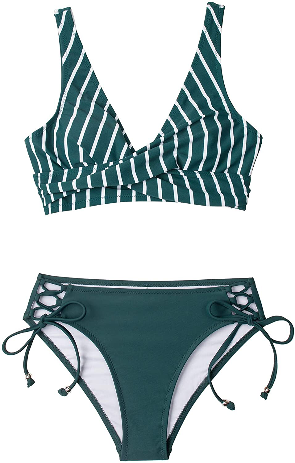 CUPSHE Women's Bikini Swimsuit Front Cross Lace Up Two Piece Bathing Suit Apparel & Accessories > Clothing > Swimwear CUPSHE Green Stripe Large