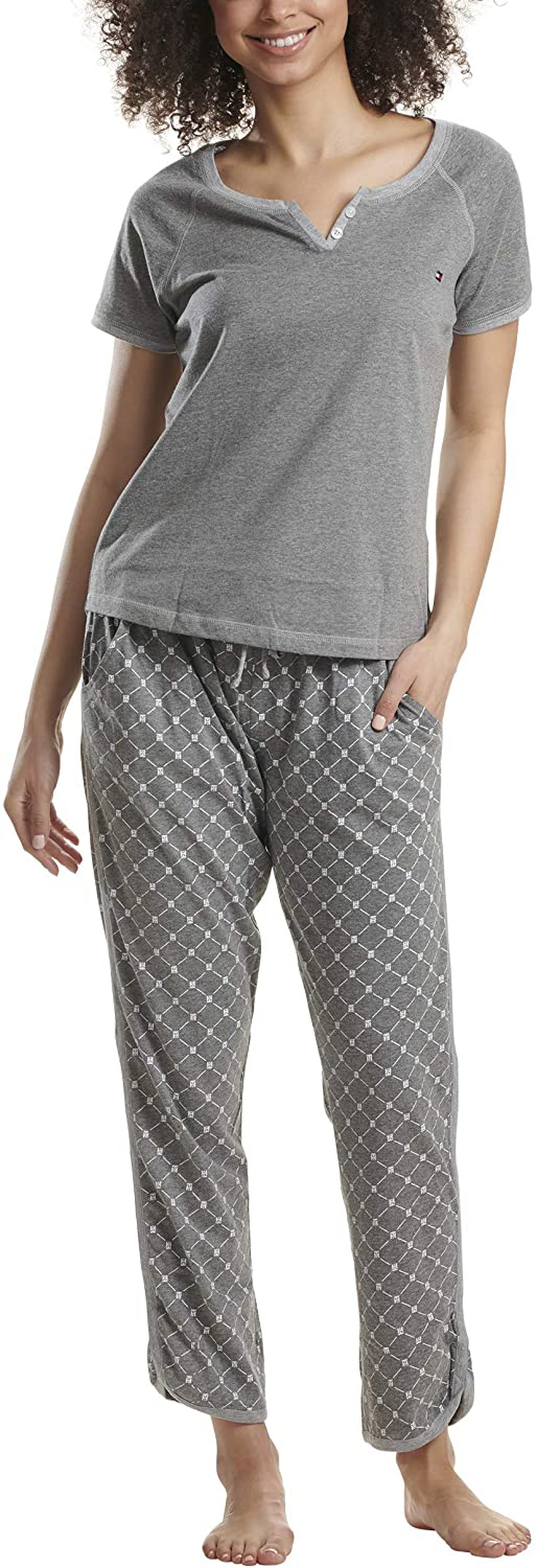 Tommy Hilfiger Women's Short Sleeve Tshirt and Logo Pant Lounge Bottom Pajama Set Pj Apparel & Accessories > Clothing > Sleepwear & Loungewear > Pajamas Tommy Hilfiger Th Heritage Diamond Charcoal Heather Medium