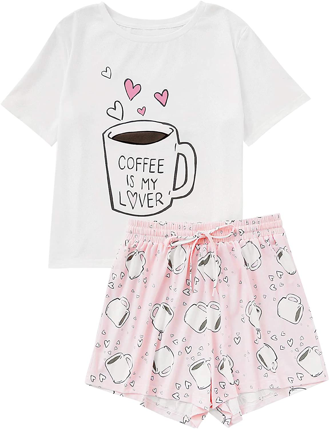 DIDK Women's Cute Cartoon Print Tee and Shorts Pajama Set Apparel & Accessories > Clothing > Sleepwear & Loungewear > Pajamas DIDK Coffee Pink X-Large