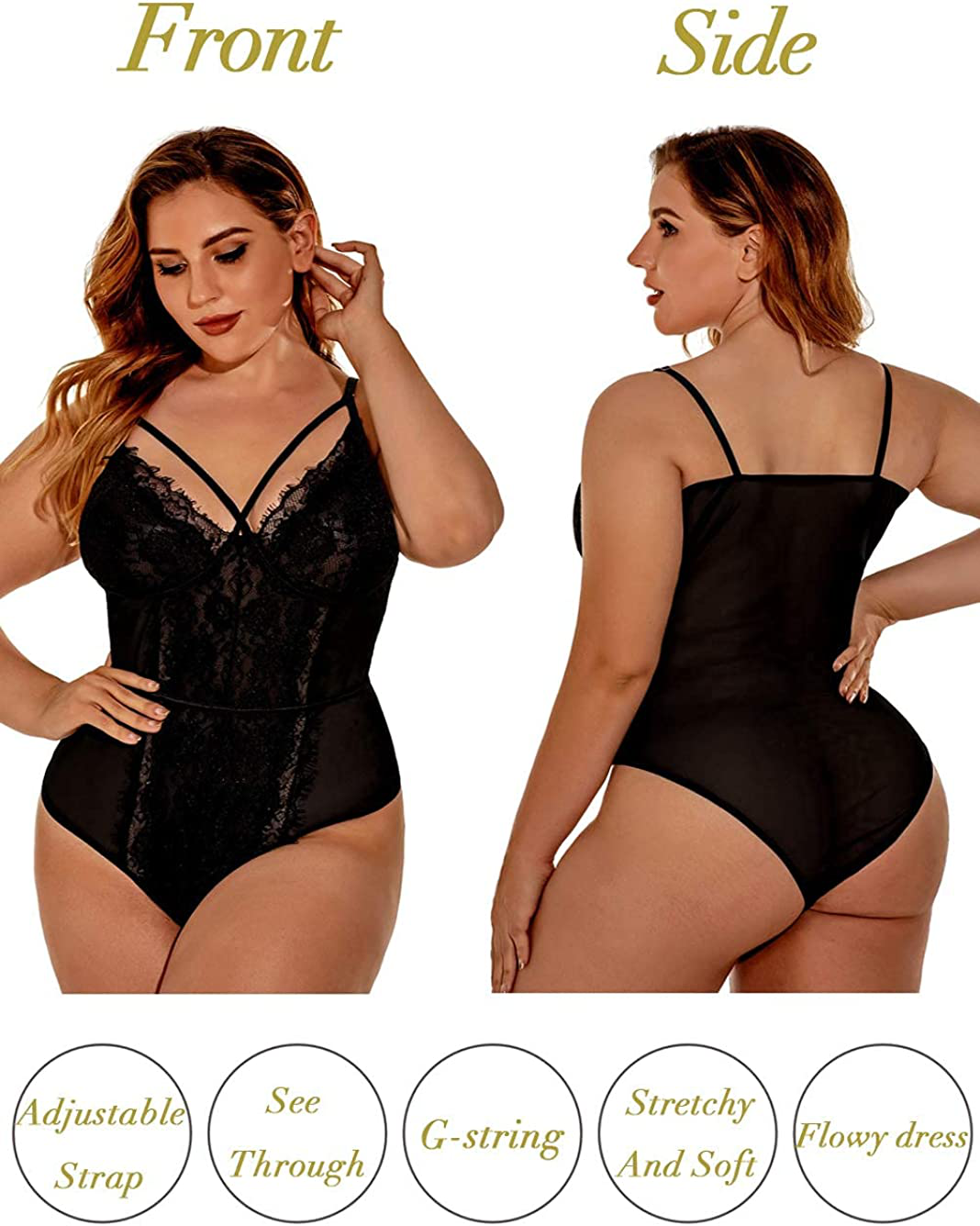 Kaei&Shi Plus Size Lingerie for Women,Sheer Lace Sexy V Neck Bodysuit,Eyelash One Piece Floral Teddy Valentine Apparel & Accessories > Clothing > Underwear & Socks > Lingerie Kaei&Shi