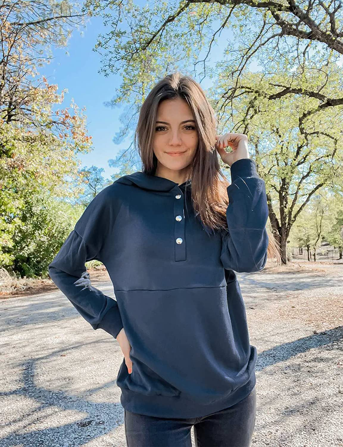 KIRUNDO Women'S Long Sleeve Casual Sweatshirts Women Hoodies Solid Color Button Collar Fall Pullover Tops Apparel & Accessories > Clothing > Activewear Kylie Max