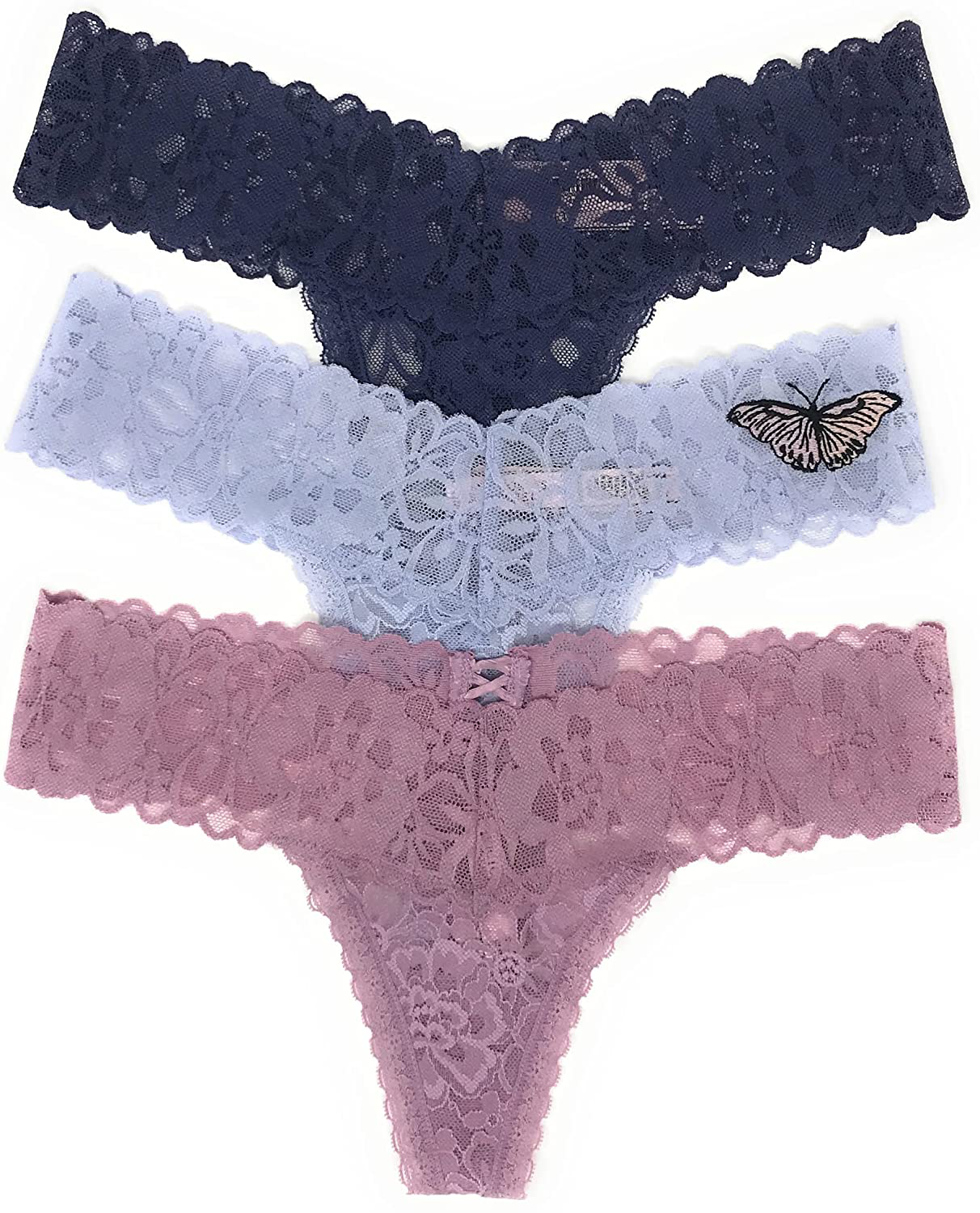 Victoria's Secret The Lacie Thong Panty Set of 3 Apparel & Accessories > Clothing > Underwear & Socks > Underwear Victoria's Secret Denim / Ice Butterfly / Mauve Cross Large