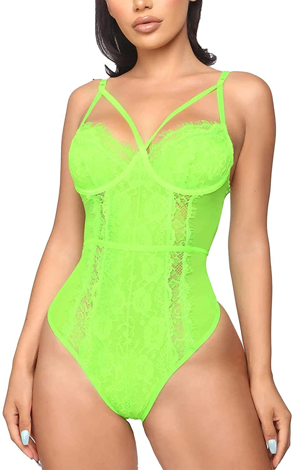 Aranmei Women's Sexy Eyelash Lace bodysuit Snap Crotch Teddy Lingerie Apparel & Accessories > Clothing > Underwear & Socks > Lingerie Aranmei Fluorescent Green XX-Large