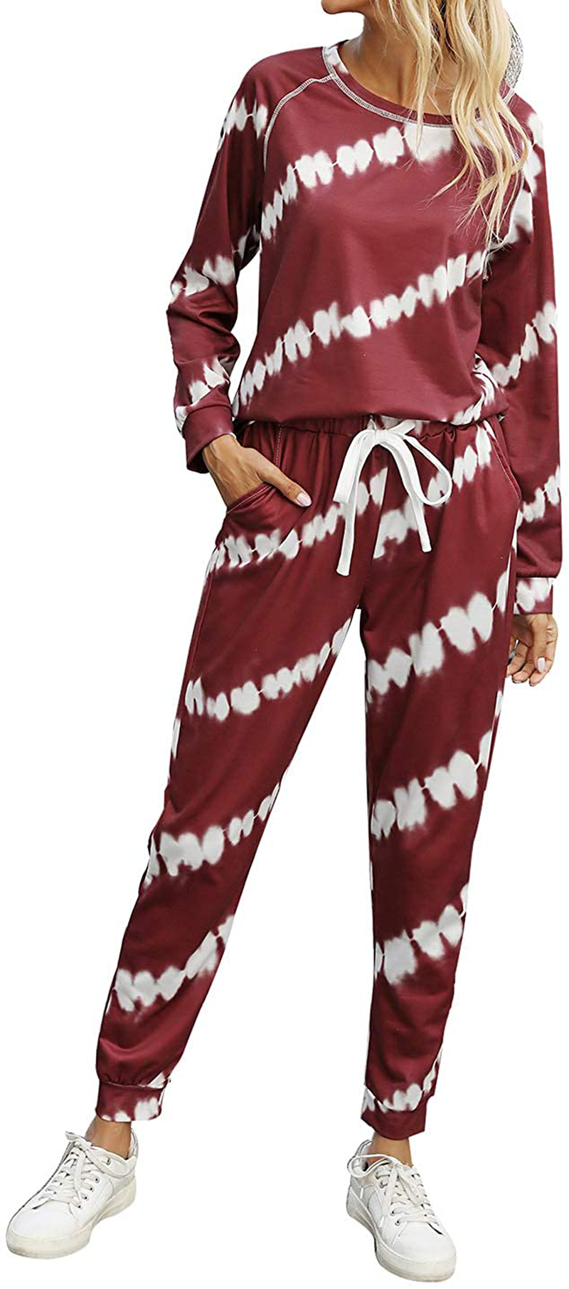 PRETTYGARDEN Women’s Tie Dye Two Piece Pajamas Set Long Sleeve Sweatshirt with Long Pants Sleepwear Apparel & Accessories > Clothing > Sleepwear & Loungewear > Pajamas PRETTYGARDEN Ombre-wine Red Small