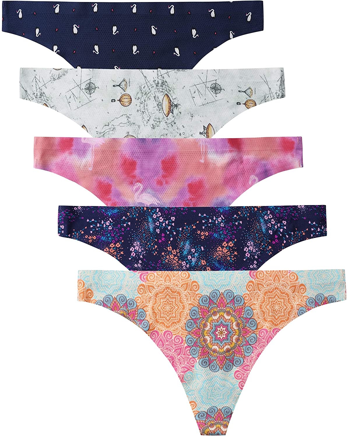 VOENXE Seamless Thongs for Women No Show Thong Underwear Women 5-10 Pack Apparel & Accessories > Clothing > Underwear & Socks > Underwear VOENXE B-5 Pack Pattern Design Small