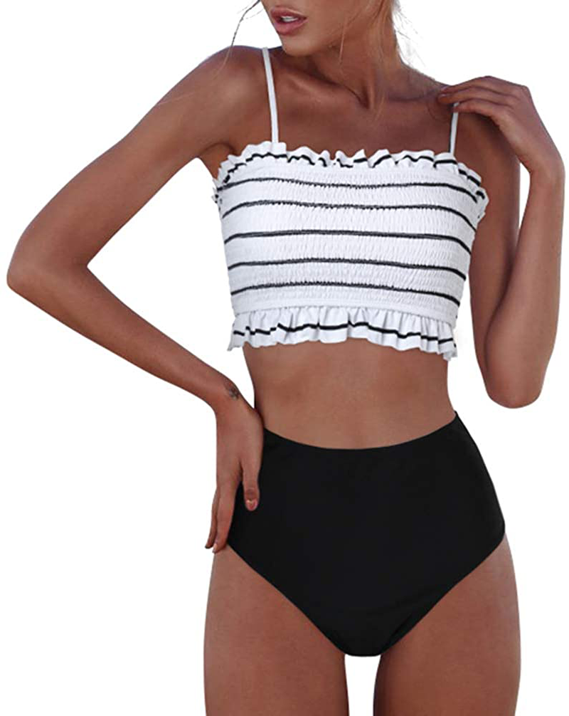 RXRXCOCO Womens Shirred Bandeau Bikini Cute Two Piece Swimsuit Off Shoulder High Waist Bathing Suit Apparel & Accessories > Clothing > Swimwear RXRXCOCO White X-Large