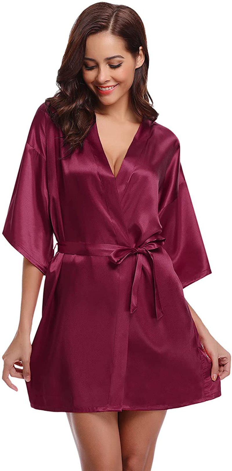 Litherday Women'S Kimono Robe Silk Bathrobe Sleepwear Short Satin Robes for Bridal Bridesmaids Dressing Gown Apparel & Accessories > Clothing > Sleepwear & Loungewear > Robes Litherday Deep Red Small