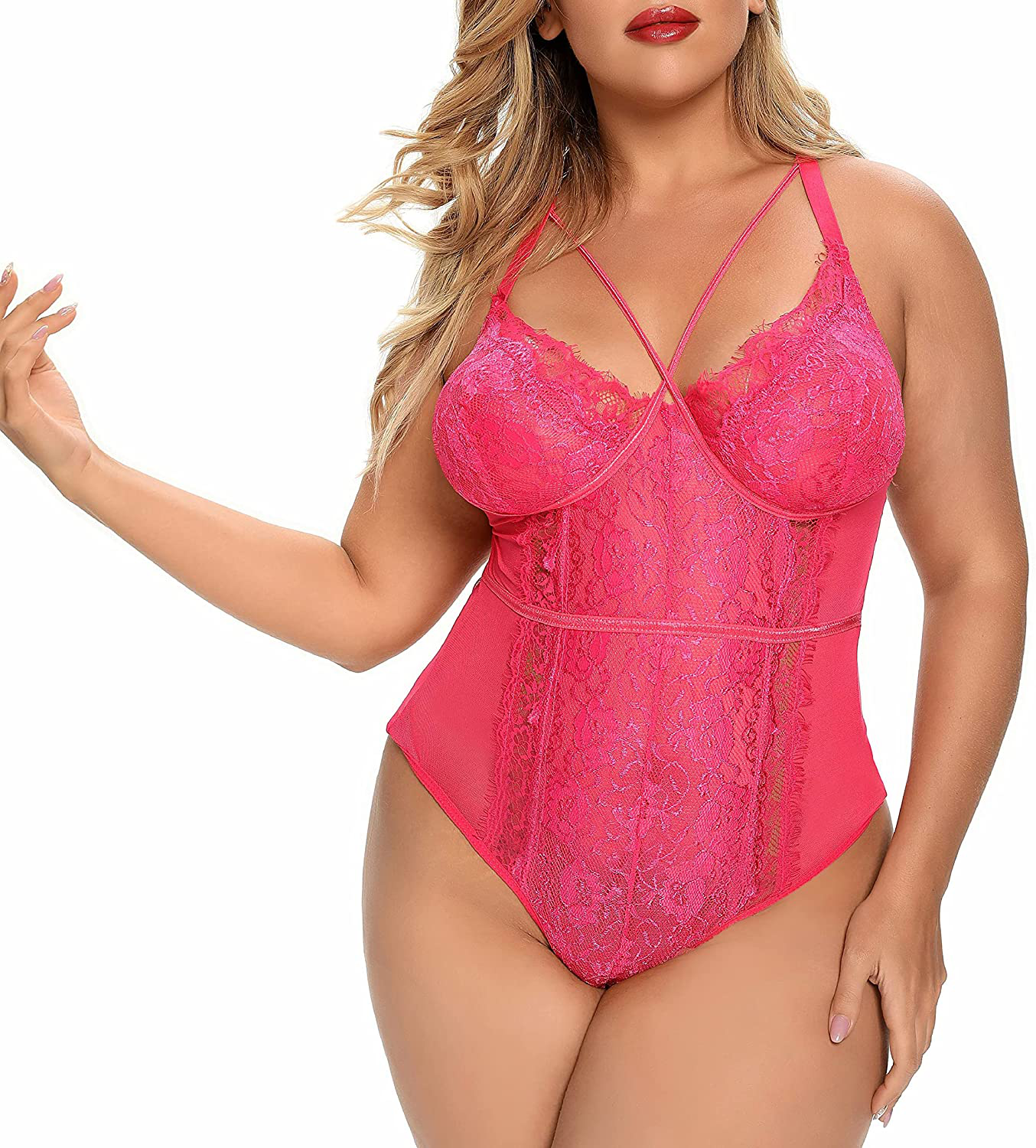 Plus Size Lingerie for Women Sexy Eyelash Lace Bodysuit Naughty Mesh One Piece Teddy Outfits Apparel & Accessories > Clothing > Underwear & Socks > Lingerie Ella Lust