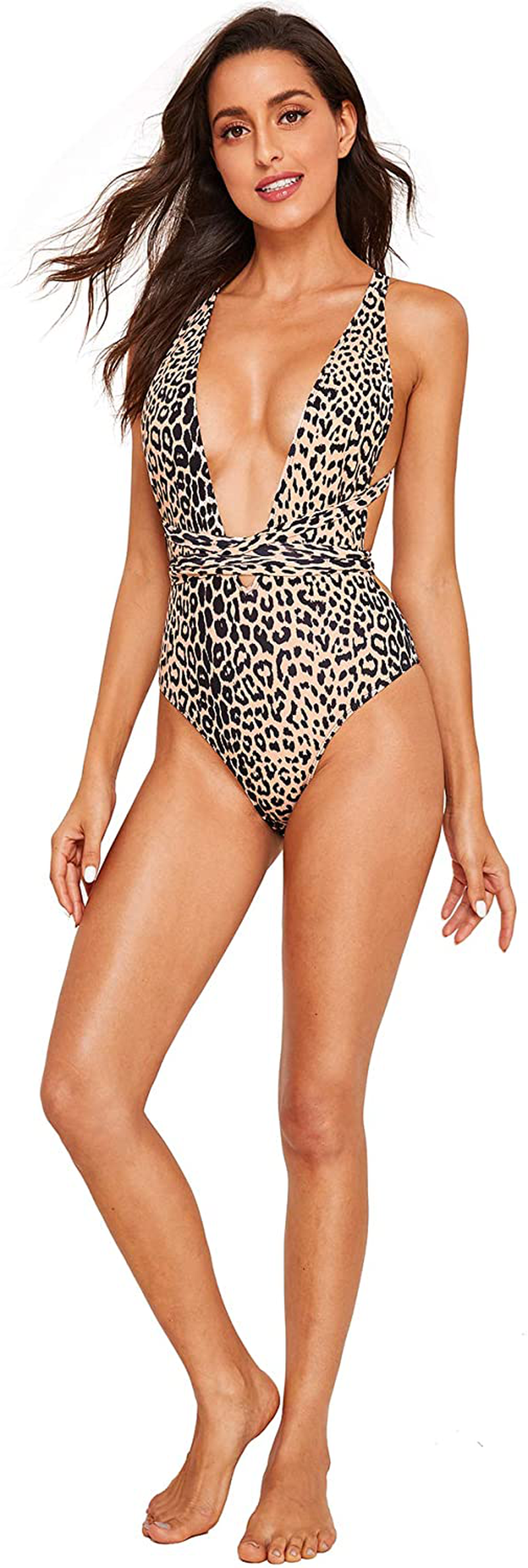 Sweatyrocks Women'S Sexy Bathing Suits Criss Cross Tie Knot Front Deep V Open Back Leopard One Piece Swimwear Apparel & Accessories > Clothing > Swimwear Kylie Max