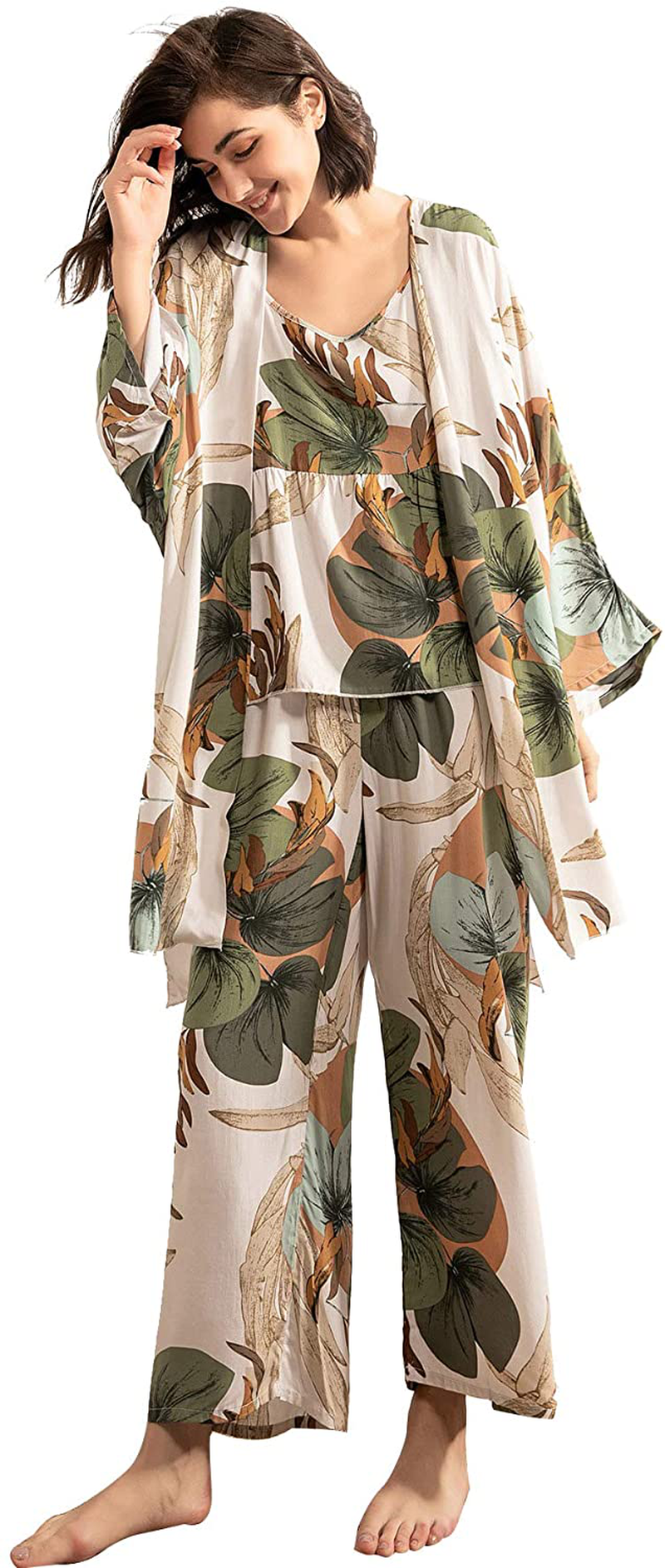 WDIRARA Women'S 3 Pcs Sleepwear Leaf Print Cami and Pants Pajama Set with Robe Apparel & Accessories > Clothing > Sleepwear & Loungewear Kylie Max