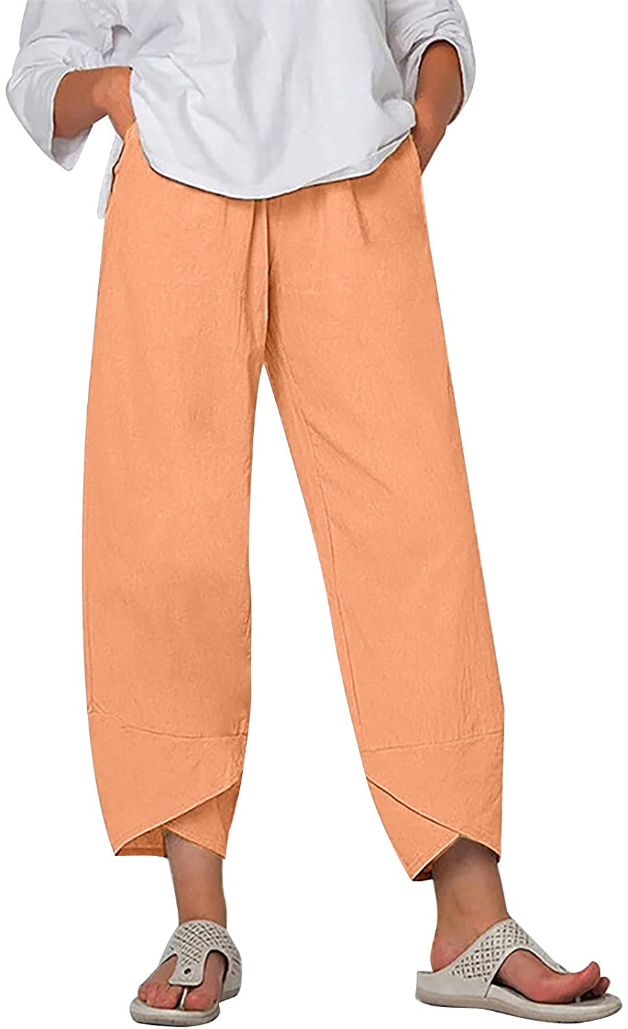 Burband Womens Summer Baggy Cotton Linen Cropped Work Pants Casual Drawstring Loose Beach Yoga Harem Pants plus Size S-6XL Apparel & Accessories > Clothing > Underwear & Socks > Shapewear Burband Orange XX-Large