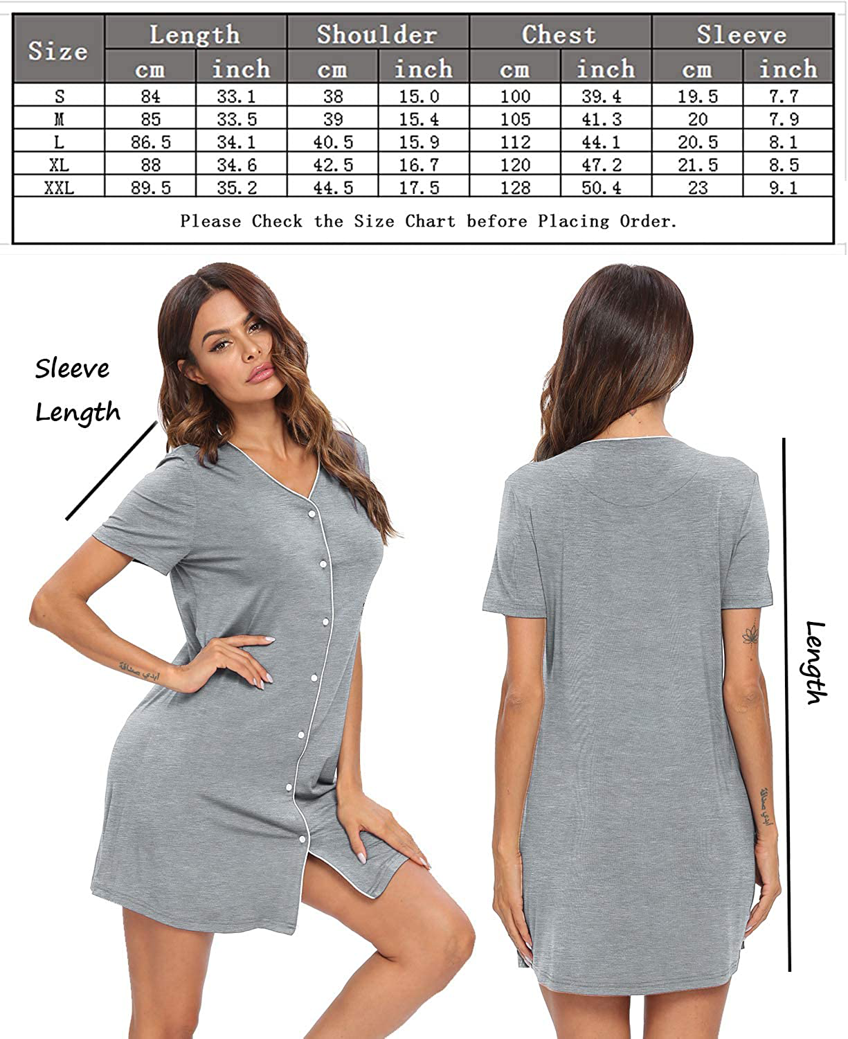 SWOMOG Women'S Button down Nightgown Short Sleeve Nightshirt V-Neck Sleepwear Boyfriend Sleepshirt Pajama Dress Apparel & Accessories > Clothing > Sleepwear & Loungewear > Nightgowns Kylie Max