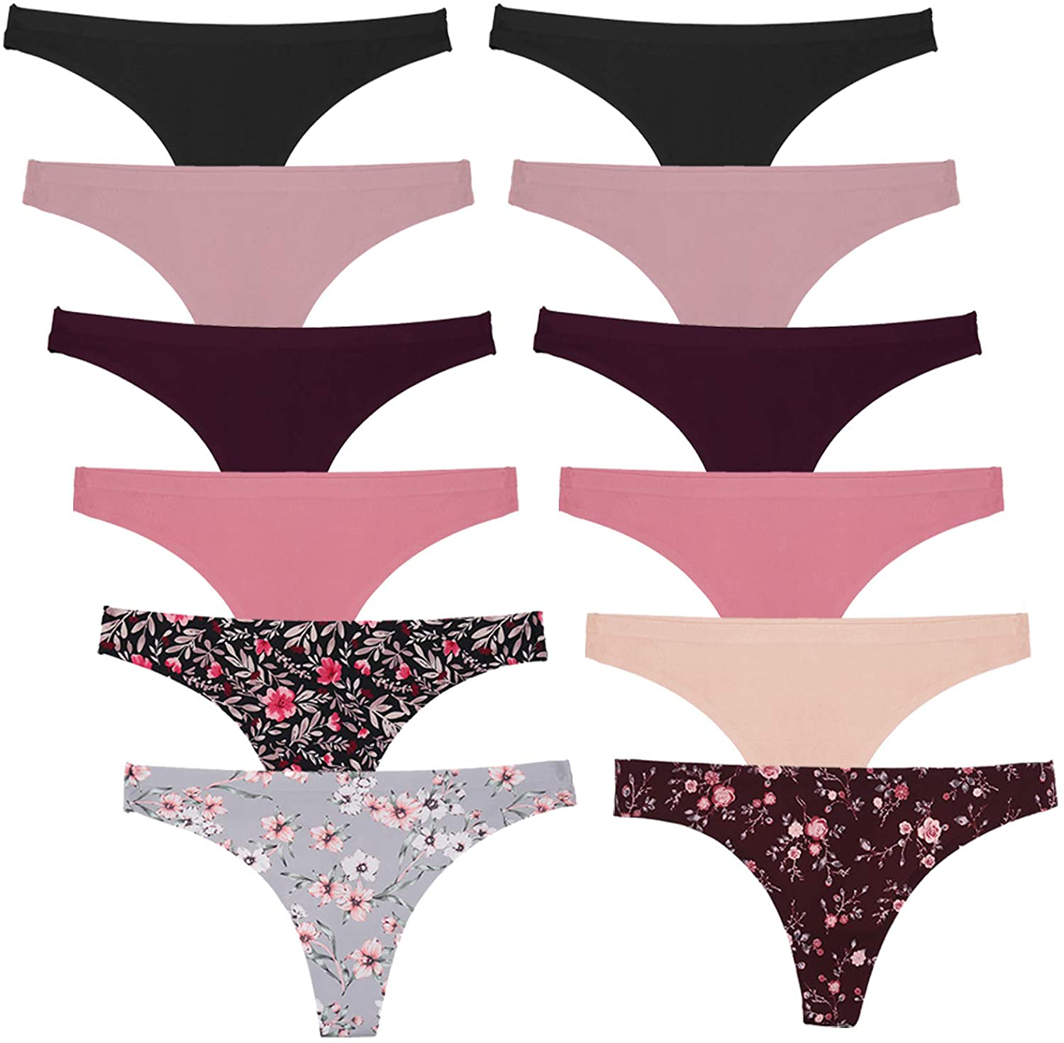 FINETOO 12 Pack Seamless Thongs for Women Breathable Floral Print Panties Invisible Hipster XS-XL Apparel & Accessories > Clothing > Underwear & Socks > Underwear FINETOO 12pcs Multicoloured Large-X-Large