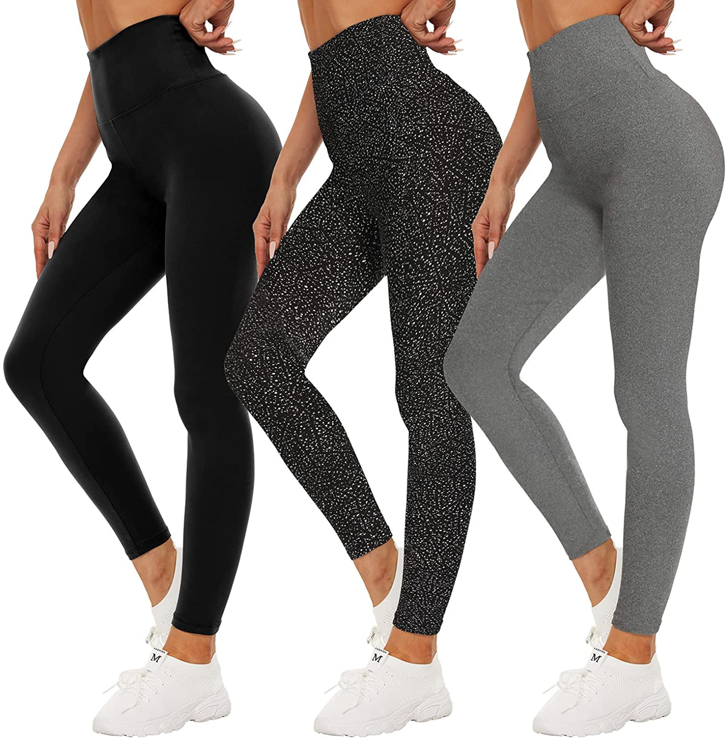 QGGQDD 3 Pack Black High Waisted Leggings for Women - Buttery Soft Workout Yoga Athletic Leggings Apparel & Accessories > Clothing > Activewear QGGQDD Black/ White Dot/ Light Grey Heather Large-X-Large