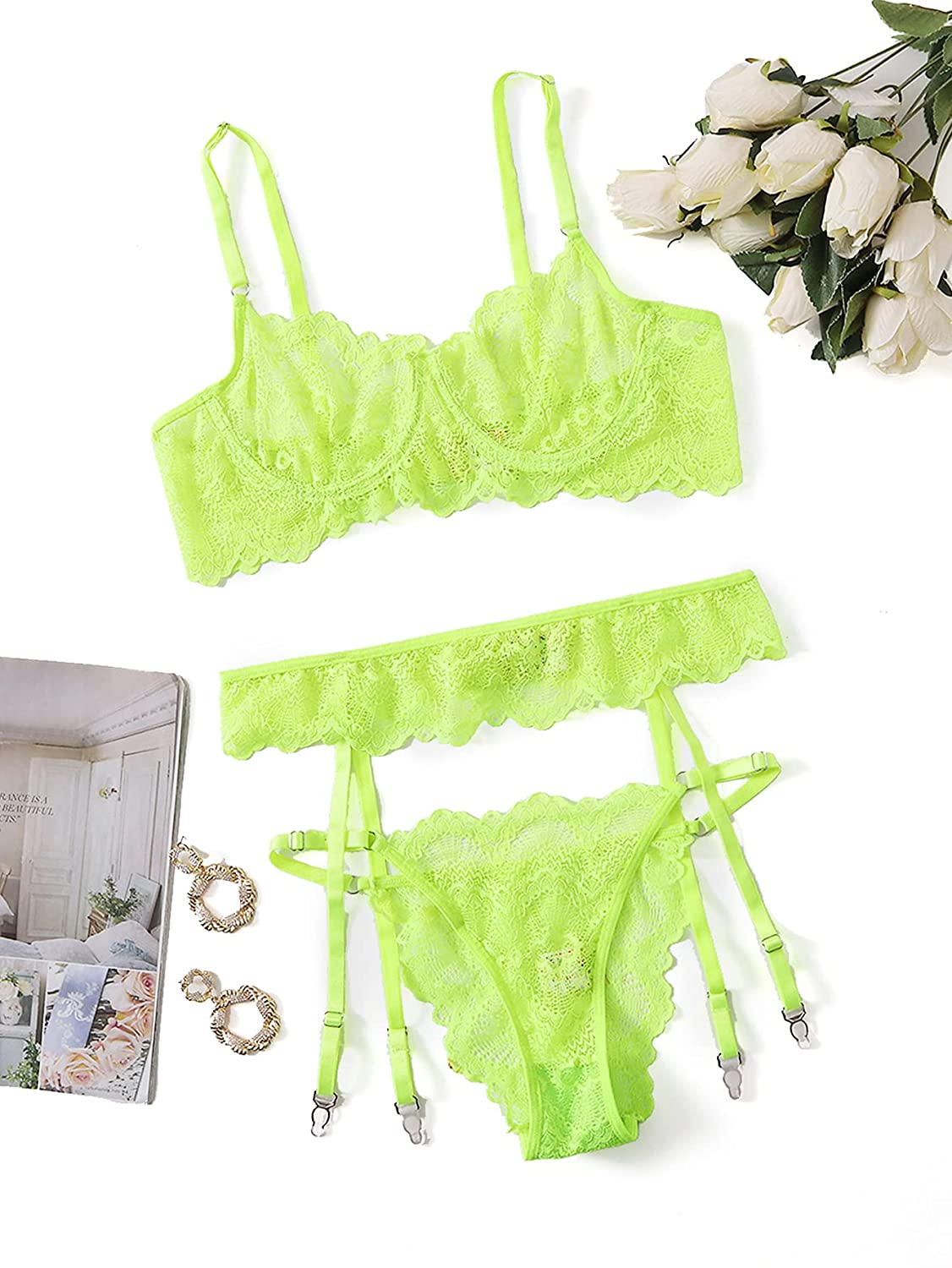Shein Women'S 3 Piece Floral Lace Lingerie Set with Garter Belts Sexy Bra and Panty Apparel & Accessories > Clothing > Underwear & Socks > Lingerie SheIn