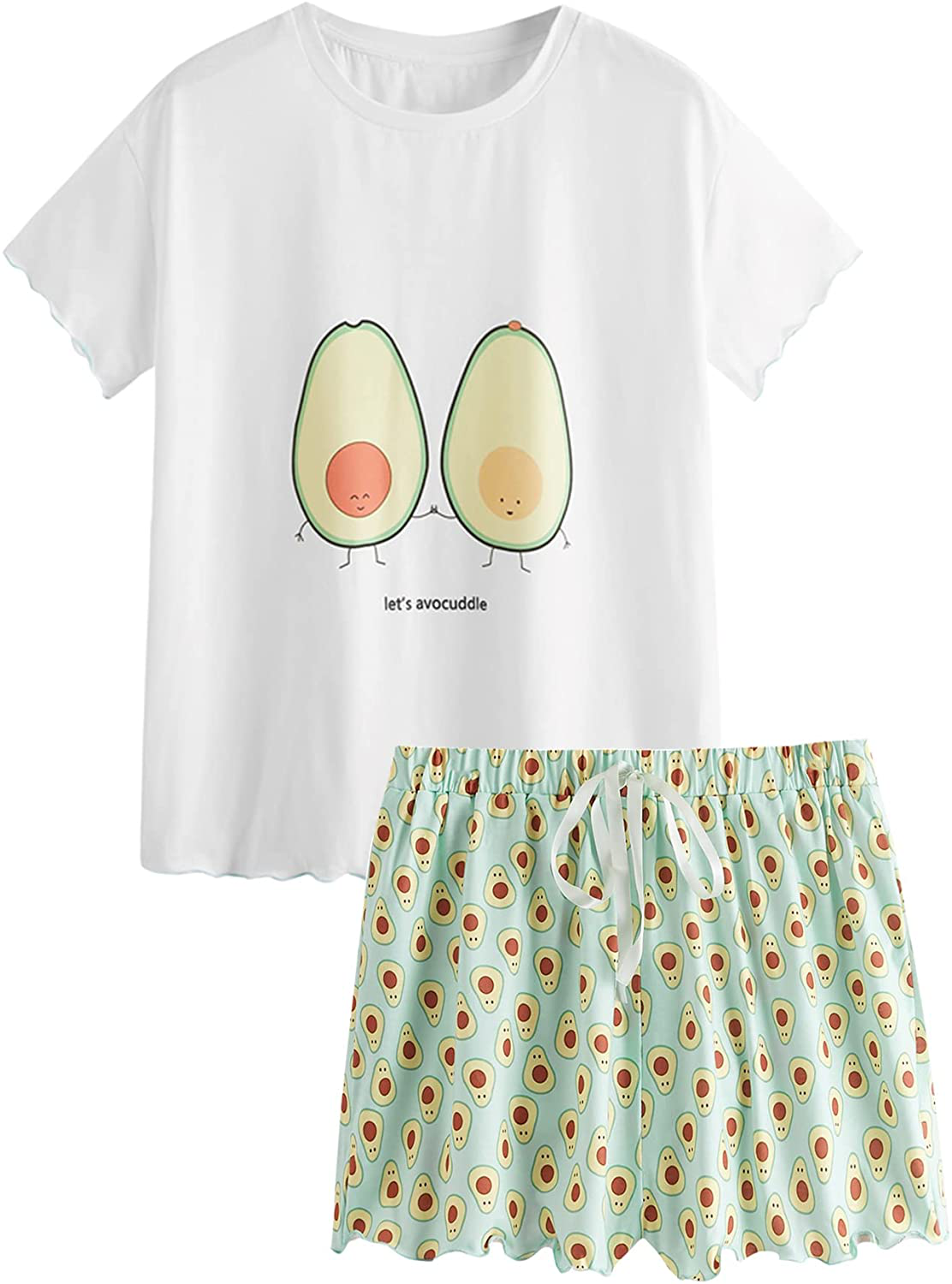 DIDK Women's Cute Cartoon Print Tee and Shorts Pajama Set Apparel & Accessories > Clothing > Sleepwear & Loungewear > Pajamas DIDK Avocado Light Green Medium
