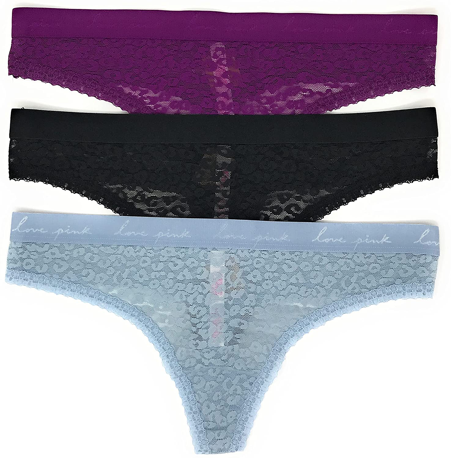 Victoria's Secret PINK Thong Panty Set of 3 Apparel & Accessories > Clothing > Underwear & Socks > Underwear Victoria's Secret Lace Violet Logos / Black / Lt Teal Logos Medium