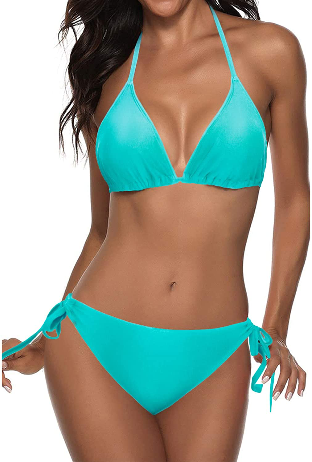 Tempt Me Women Two Piece Halter Padded Top Tie Side Bottom Triangle Bikini Bathing Suit Apparel & Accessories > Clothing > Swimwear Tempt Me Teal Small