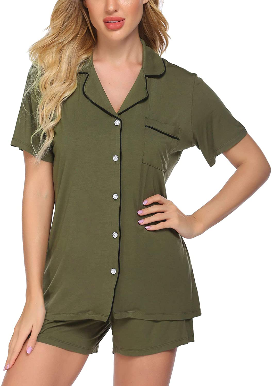 Ekouaer Pajamas Set Short Sleeve Sleepwear Womens Button Down Nightwear Soft Pj Lounge Sets XS-XXL Apparel & Accessories > Clothing > Sleepwear & Loungewear > Pajamas Ekouaer Army Green X-Large