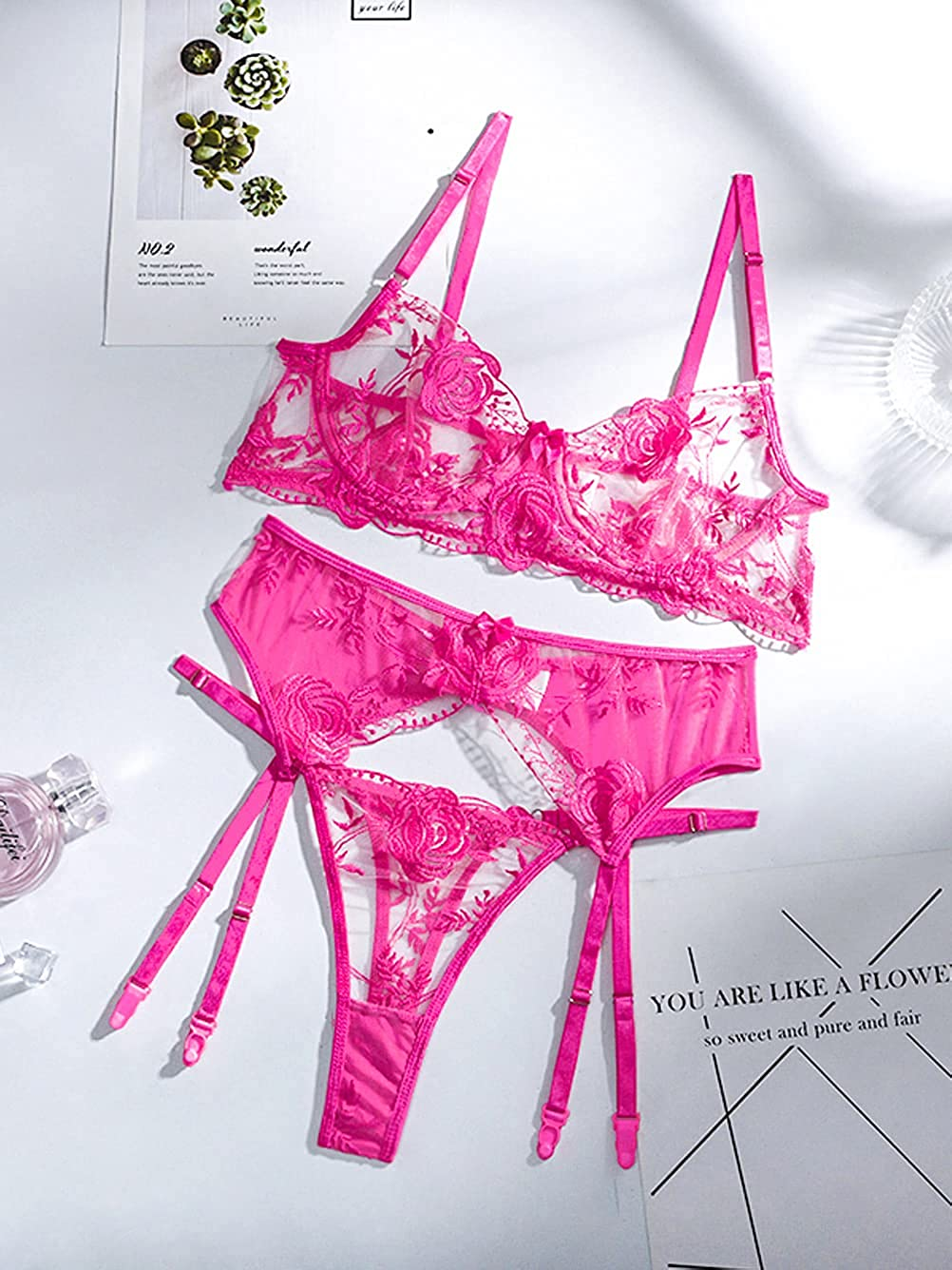 Kaei&Shi Floral Embroidered Mesh Sheer,Underwire Satin Bow,High Cut Thong,Belt Garter Lingerie Apparel & Accessories > Clothing > Underwear & Socks > Lingerie Kaei&Shi