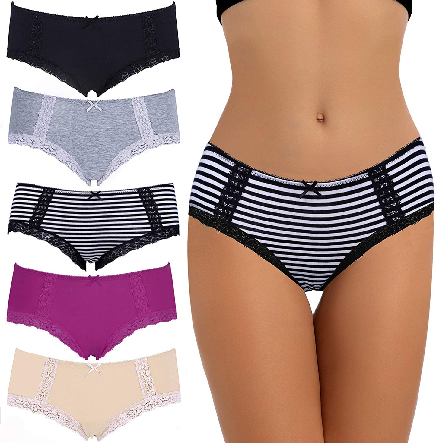 VEENXTHA Womens Underwear Panties Cotton Brief Lace Breathable Stretch Medium Waist Pack of 5 Apparel & Accessories > Clothing > Underwear & Socks > Underwear VEENXTHA Assorted of Color La Large