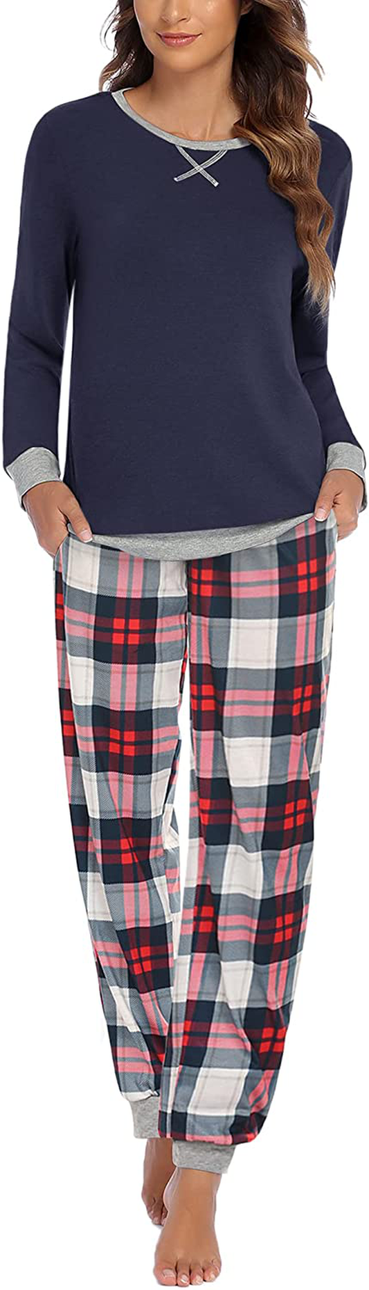 Ekouaer Women's Pajamas Sets Long Sleeve with Plaid Pants Soft Sleepwear O Neck 2 Piece Pjs Joggers Loung Set with Pockets Apparel & Accessories > Clothing > Sleepwear & Loungewear > Pajamas Ekouaer Navy Blue Small