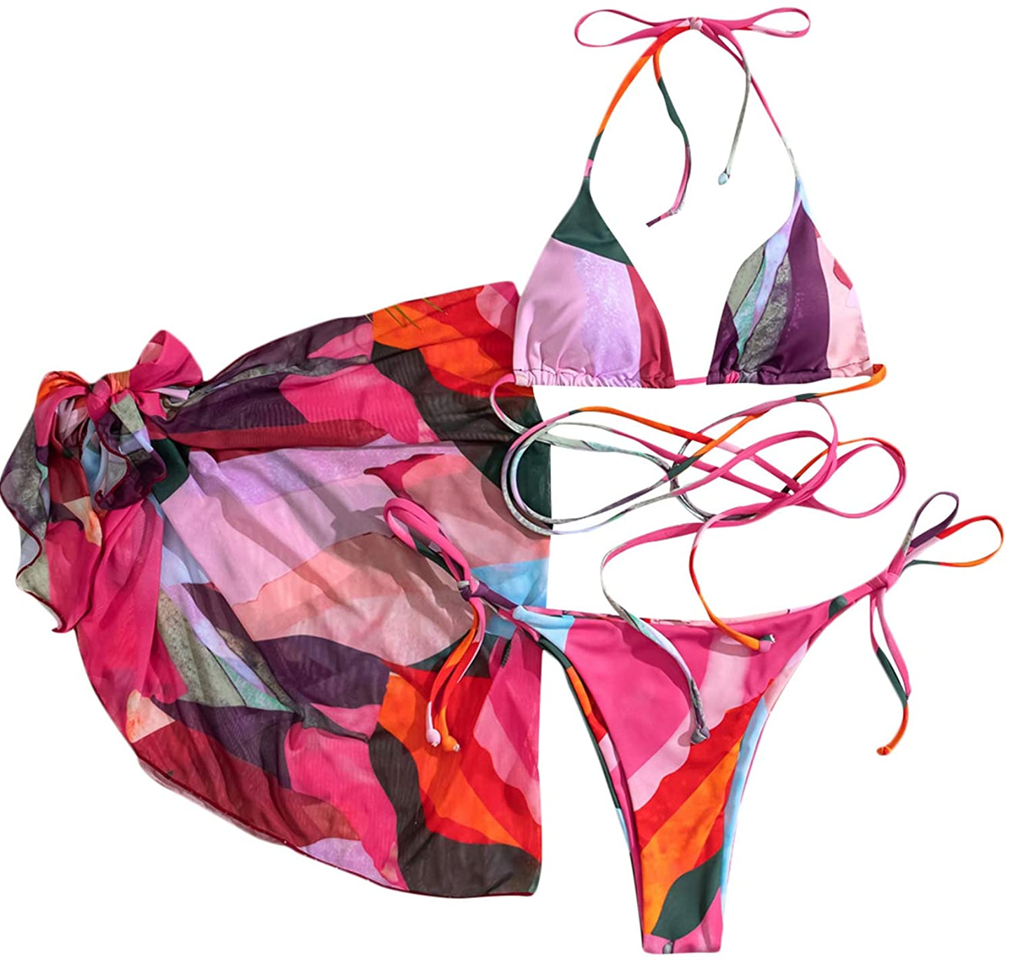 SOLY HUX Women'S Tie Dye Wrap Bikini Bathing Suits with Mesh Beach Skirt 3 Piece Swimsuits Apparel & Accessories > Clothing > Underwear & Socks > Lingerie KYLIE MAX Multi Pink Small