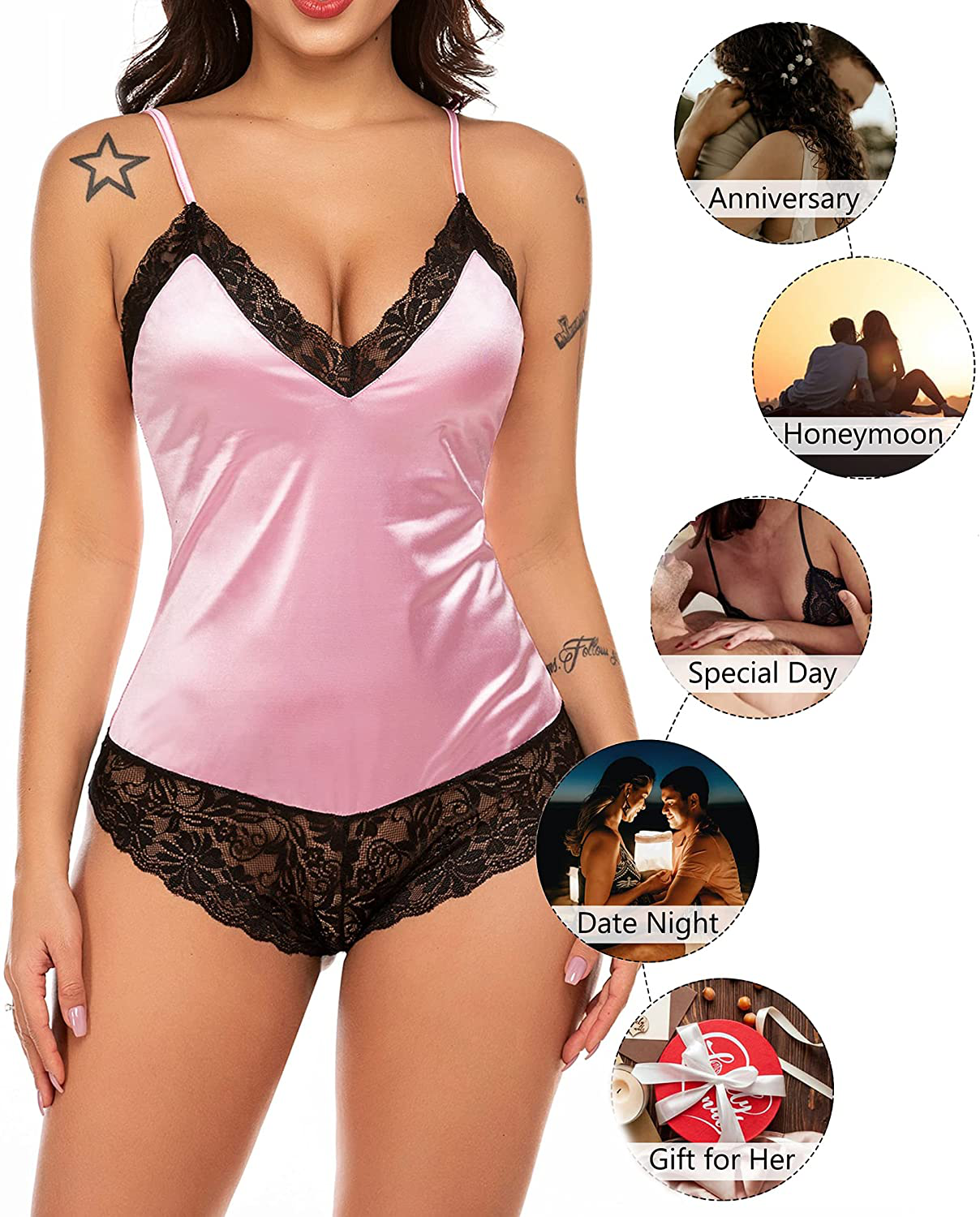 Avidlove Women Satin Lingerie Bodysuit Deep-V Stretch Teddy One Piece Lace Babydoll Short Jumpsuit Pajamas Apparel & Accessories > Clothing > Underwear & Socks > Lingerie Avidlove