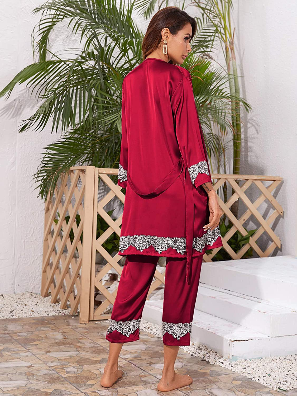 SOLY HUX Women'S Sleepwear 4Pcs Floral Print Satin Cami Pajama Set with Robe Apparel & Accessories > Clothing > Sleepwear & Loungewear Kylie Max