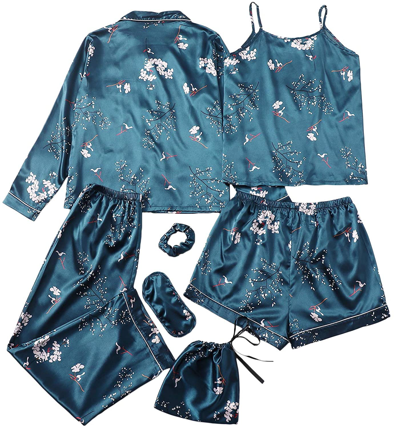 Shein Women'S 7Pcs Printed Cami and Shorts Satin Pajama Set with Shirt and Eye Mask Apparel & Accessories > Clothing > Sleepwear & Loungewear Kylie Max
