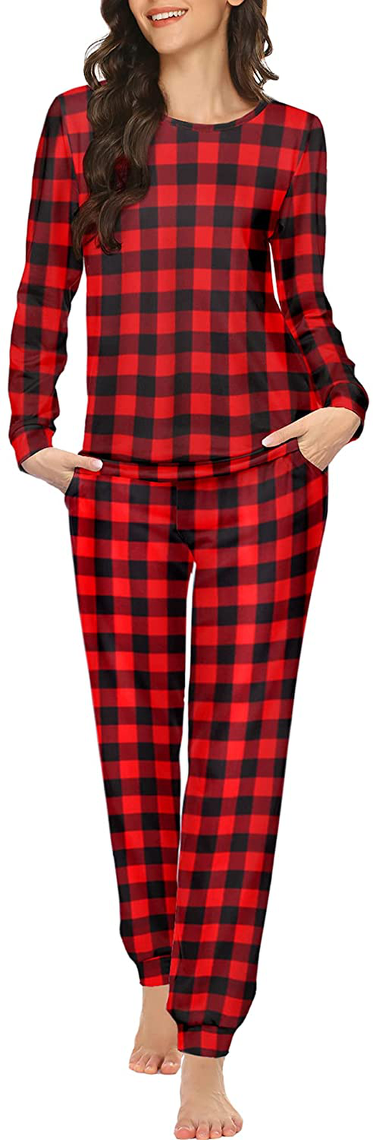 Ekouaer Womens Pajama Set Long Sleeve Sleepwear Star Print Nightwear Soft Pjs Lounge Sets with Pockets Apparel & Accessories > Clothing > Sleepwear & Loungewear > Pajamas Ekouaer Red Black Plaid XX-Large