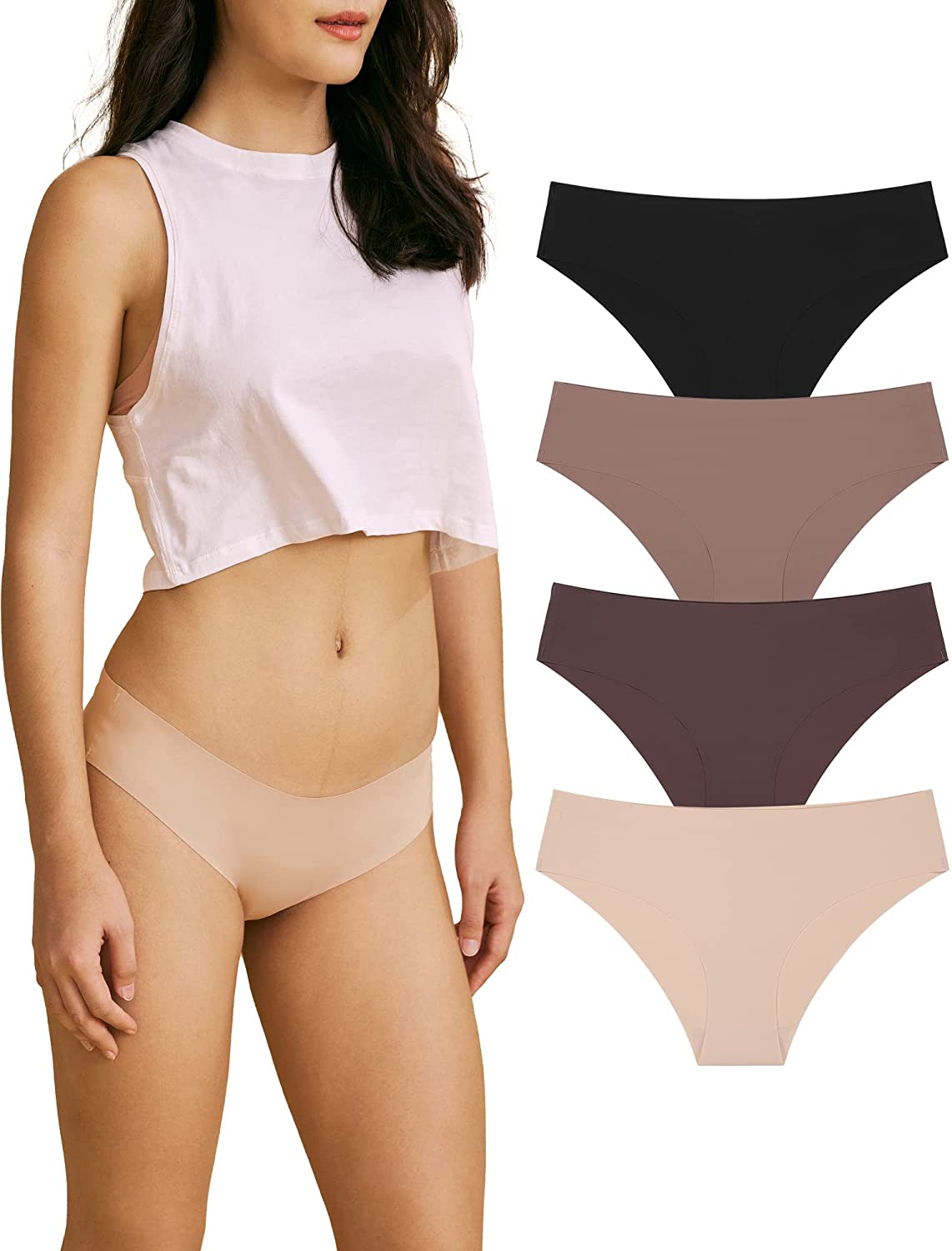 SHARICCA Women Seamless Cheeky Bikini No Show Panties Ladies Invisible Breathable Briefs Soft Stretch Underwear Multi Pack Apparel & Accessories > Clothing > Underwear & Socks > Underwear SHARICCA (4 Pack) Black Coffee Brown Beige X-Large