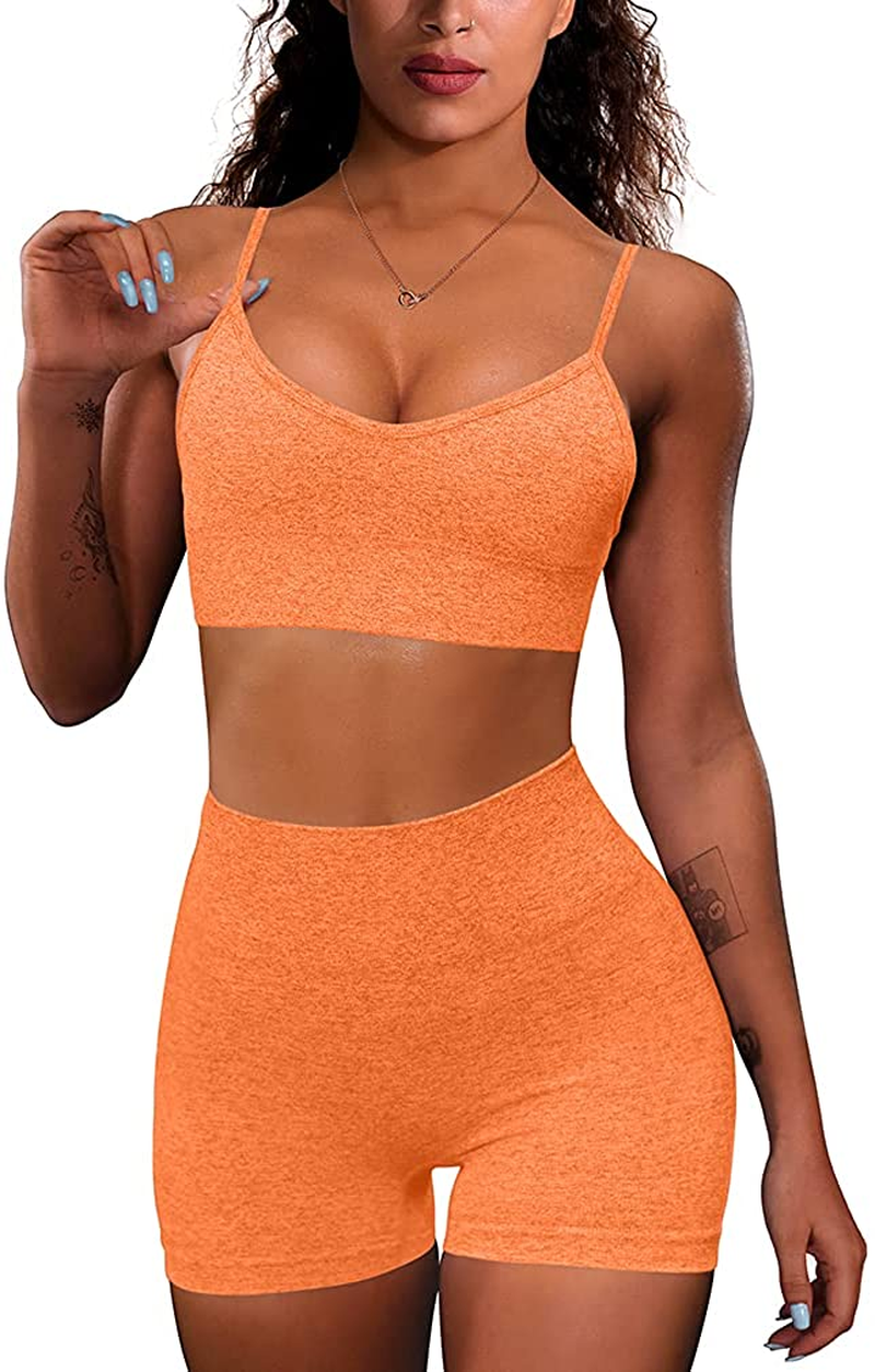 OQQ Yoga Outfit for Women Seamless 2 Piece Workout Gym High Waist Leggings with Sport Bra Set Apparel & Accessories > Clothing > Underwear & Socks > Lingerie HZSN A: Orange Large