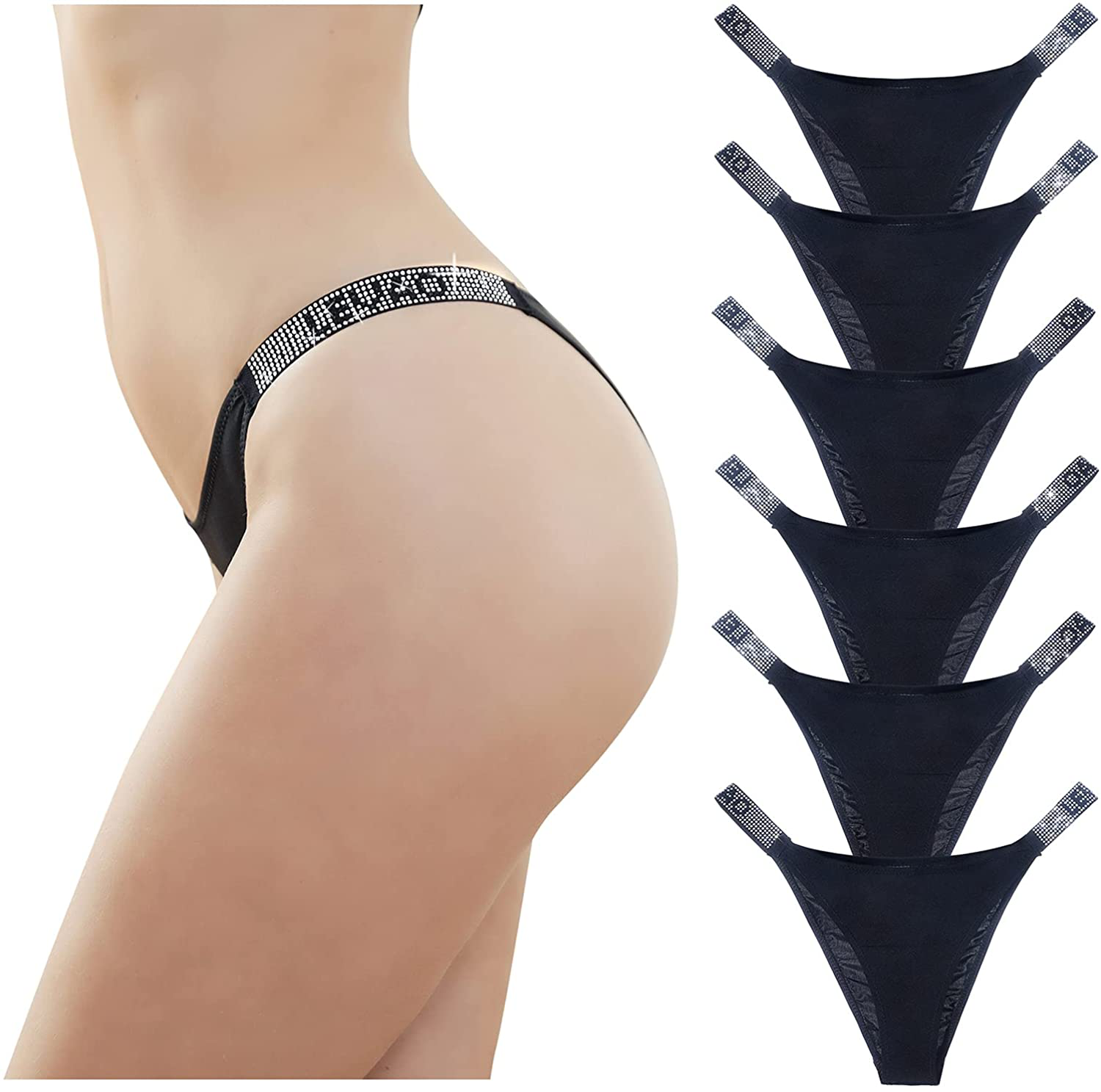 Sexy Panties, LEVAO Thongs for Women Letter Rhinestones G-String Low-rise Tanga Stretch Underwear Pack of 6 Apparel & Accessories > Clothing > Underwear & Socks > Underwear LEVAO 6 Pack-black Medium