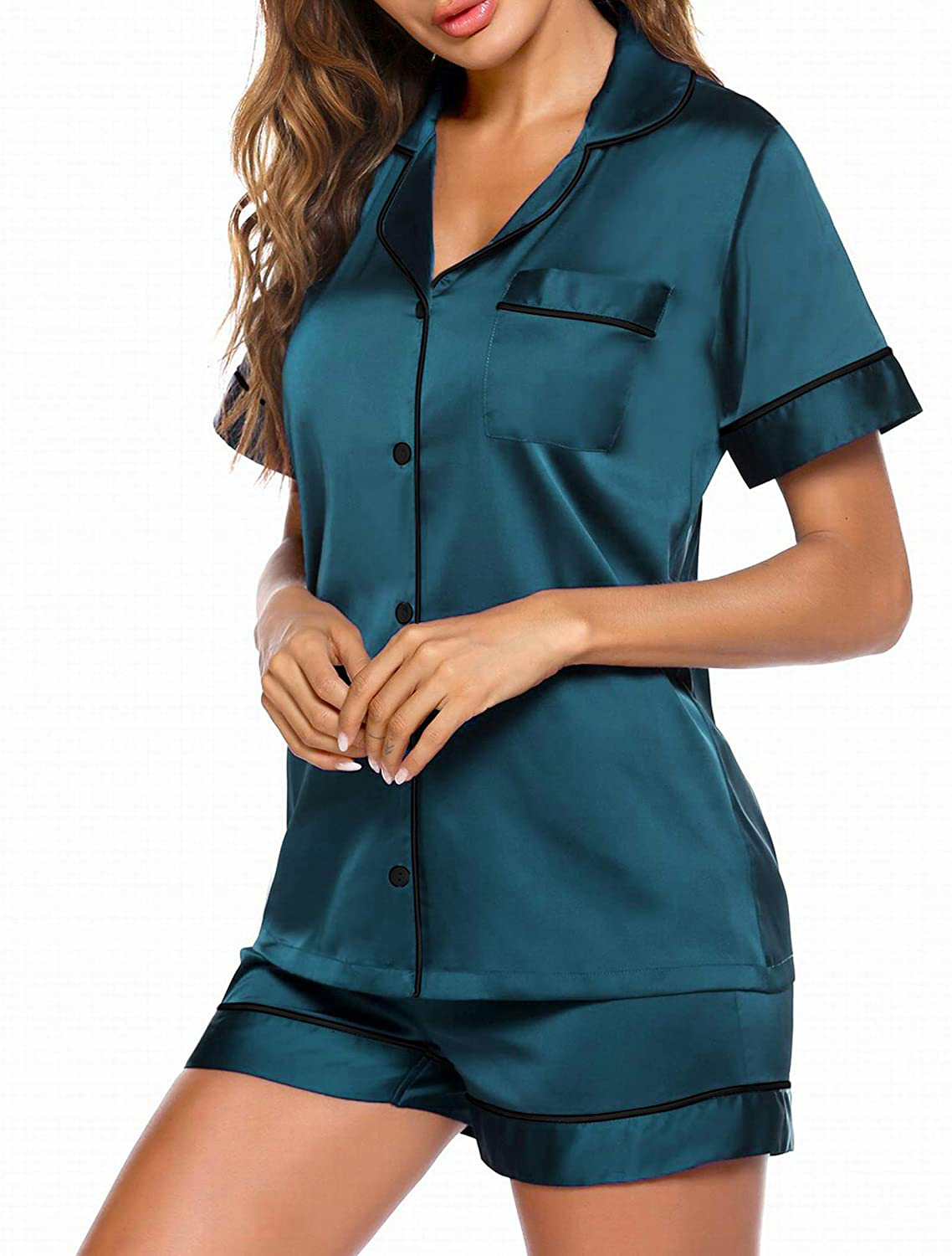 Ekouaer Satin Pajamas Women'S Short Sleeve Sleepwear Soft Silk Button down Loungewear Pjs Shorts Set S-XXL Apparel & Accessories > Clothing > Sleepwear & Loungewear Kylie Max