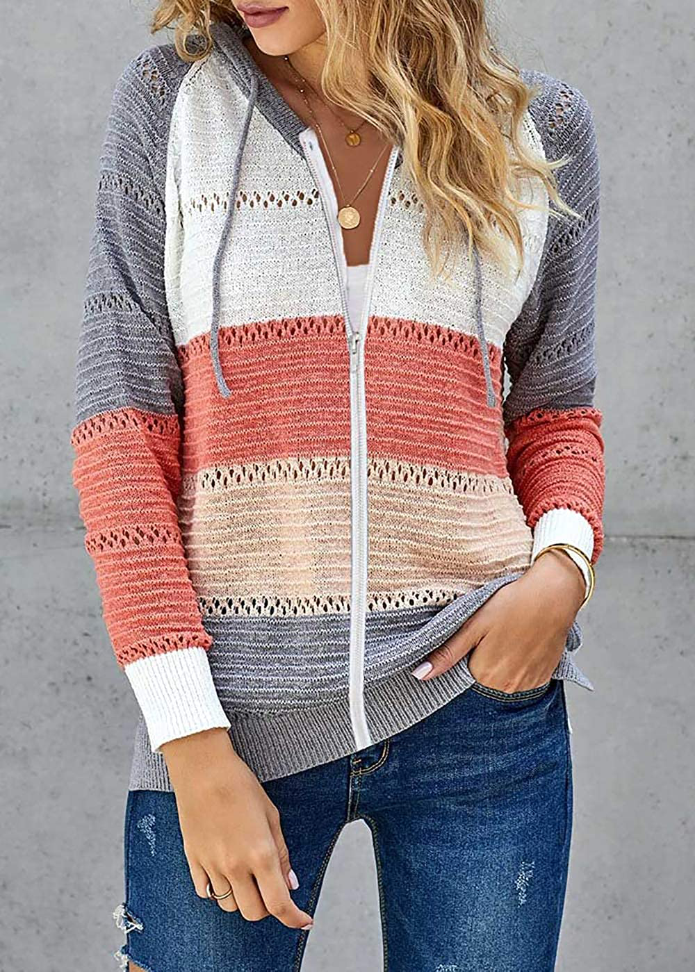 BTFBM Women Zip up Striped Hoodies Jackets Color Block Print Long Sleeve Drawstring Stretchy Casual Pullover Sweatshirts Apparel & Accessories > Clothing > Activewear Kylie Max