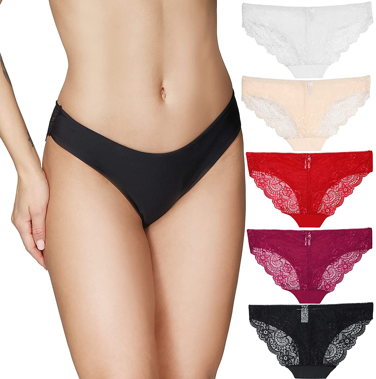 Talanes Women’S High Waisted Lace Underwear Sexy, Ladies Cheeky Lacy Panties Briefs , Soft Full Coverage Panty Multipack Apparel & Accessories > Clothing > Underwear & Socks > Underwear Talanes Hipster Style-black/White/Skin/Wine Red/Red X-Large