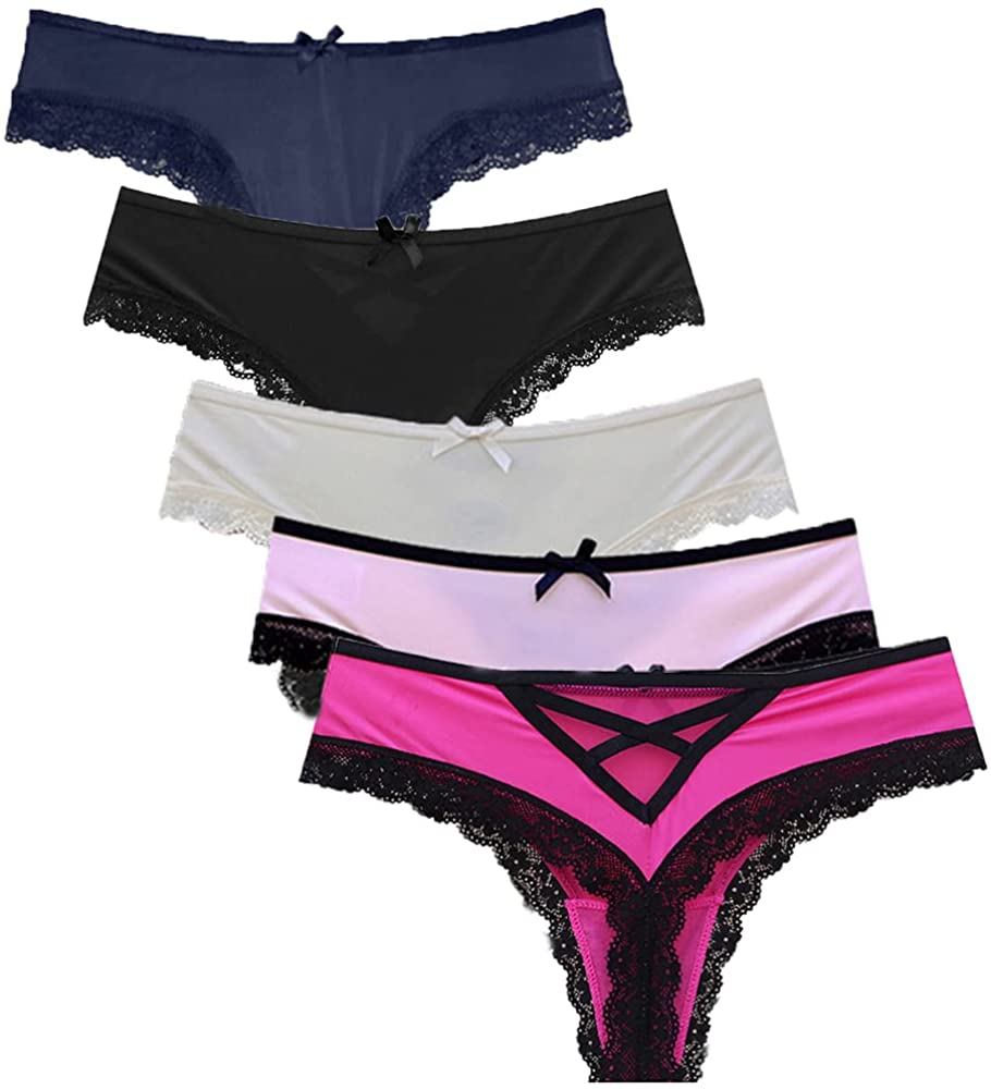 Gefyvuxrm Womens Cheeky Lingerie Underwear Lace Trim Panties Sexy Hipster 5 Pack Apparel & Accessories > Clothing > Underwear & Socks > Underwear AIDOVEI Thongs- 5 Pack Medium