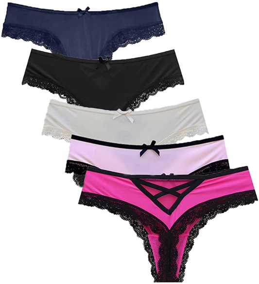 Gefyvuxrm Womens Cheeky Lingerie Underwear Lace Trim Panties Sexy Hipster 5 Pack Apparel & Accessories > Clothing > Underwear & Socks > Underwear AIDOVEI Thongs- 5 Pack Medium