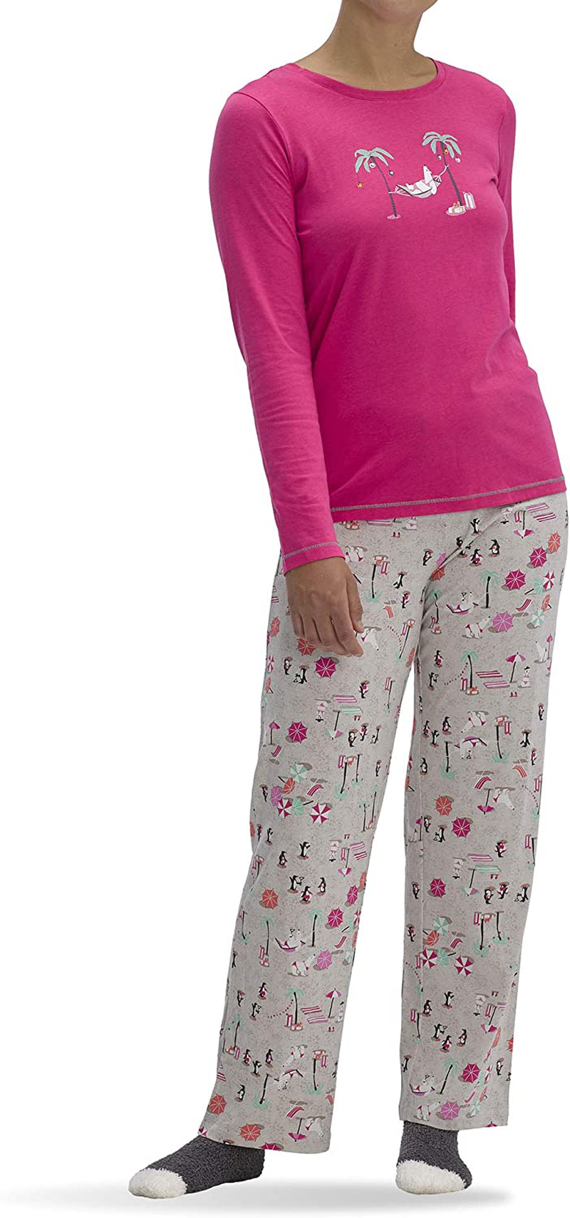 HUE Women's Printed Knit Tee and Pant 3 Piece Pajama Set Apparel & Accessories > Clothing > Sleepwear & Loungewear > Pajamas HUE Fuchsia Purple - Xmas at the Beach Large