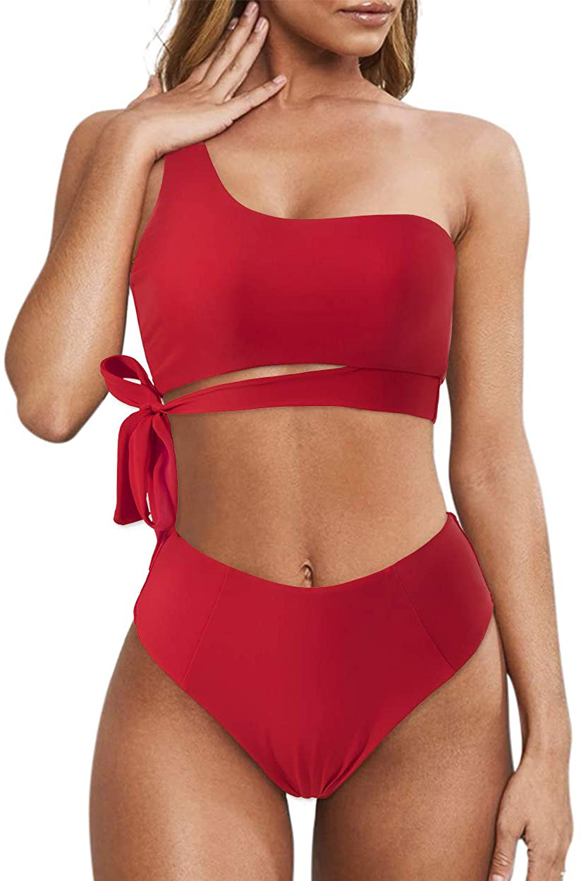 MOOSLOVER Women One Shoulder High Waisted Bikini Tie High Cut Two Piece Swimsuits Apparel & Accessories > Clothing > Swimwear MOOSLOVER Red Large