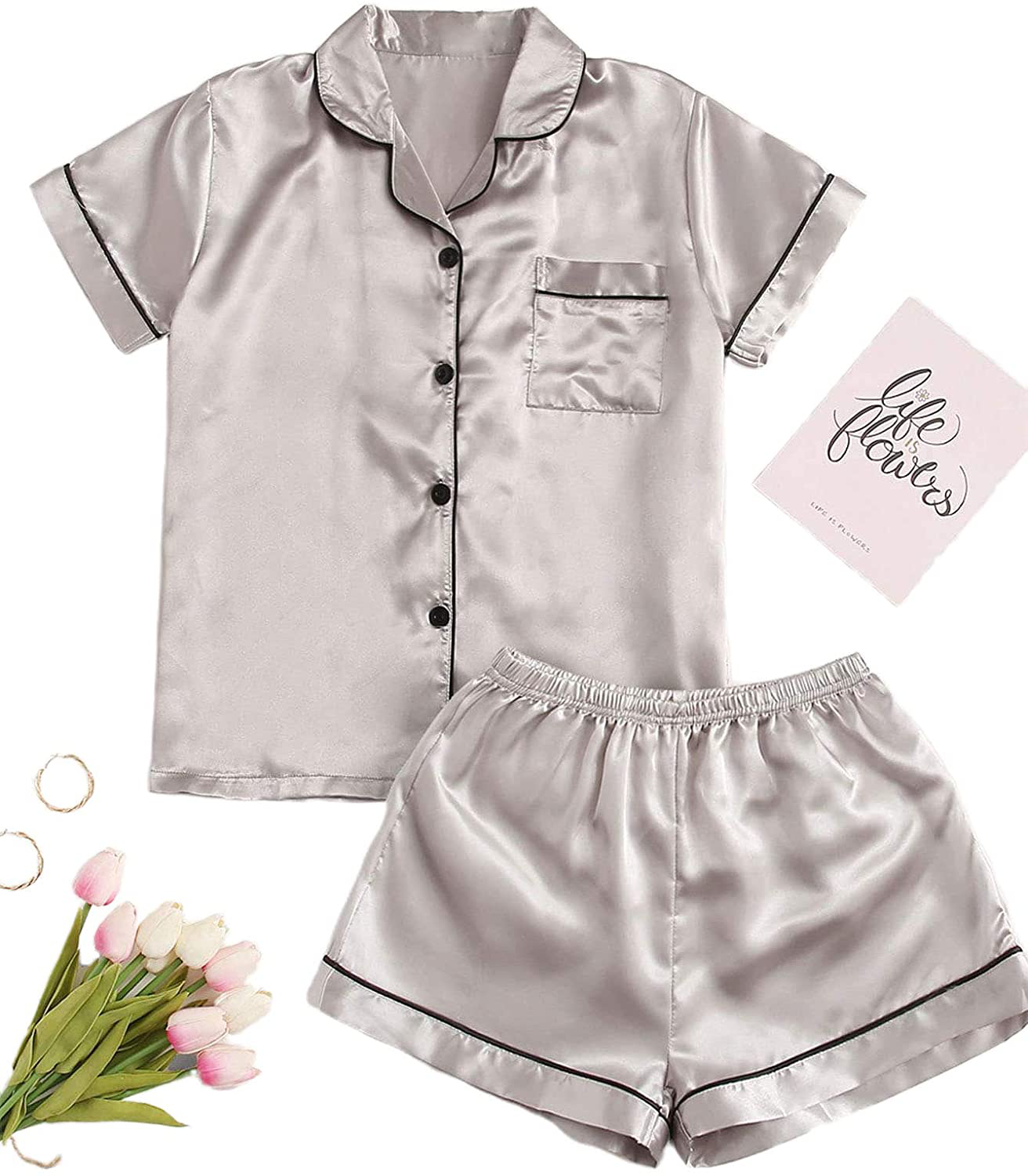 SweatyRocks Women's Short Sleeve Sleepwear Button Down Satin 2 Piece Pajama Set Apparel & Accessories > Clothing > Sleepwear & Loungewear > Pajamas SweatyRocks