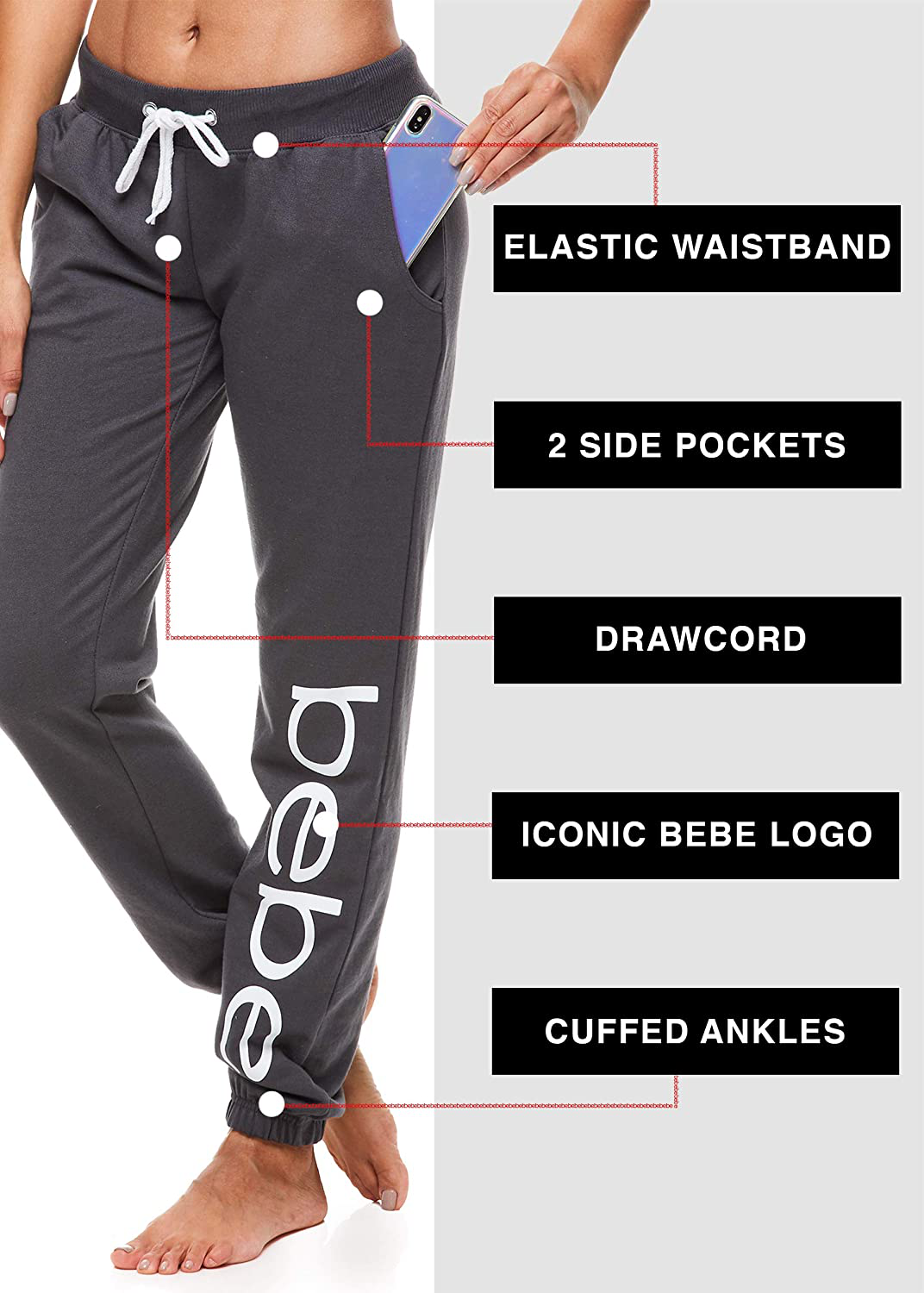 Bebe Womens Sweatpants French Terry Jogger Lounge Sleep Pajamas Apparel & Accessories > Clothing > Activewear Kylie Max