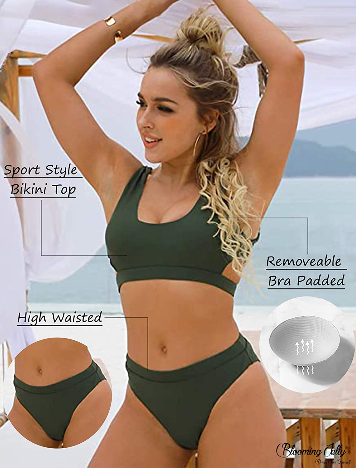 Blooming Jelly Women's High Waisted Swimsuit Crop Top Cut Out Two Piece Cheeky High Rise Bathing Suit Bikini Apparel & Accessories > Clothing > Swimwear Blooming Jelly