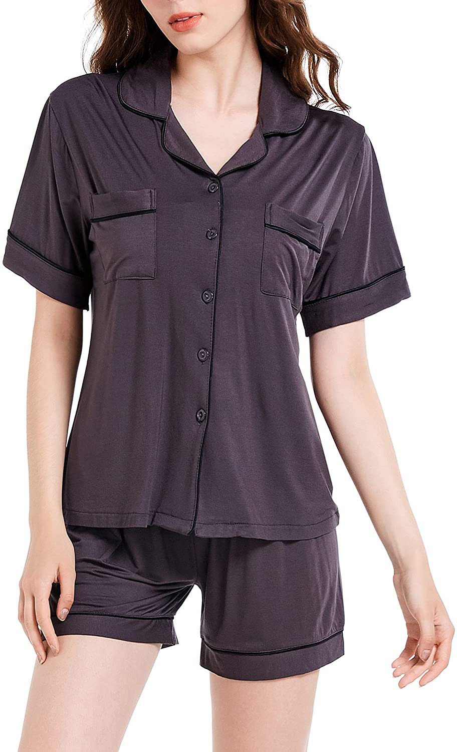 Women's Pajamas Set, Short Sleeve Sleepwear Button-Down Nightwear Soft Pj Lounge Sets Pajamas for Women Apparel & Accessories > Clothing > Sleepwear & Loungewear > Pajamas CULAYII C-dark Gray Small