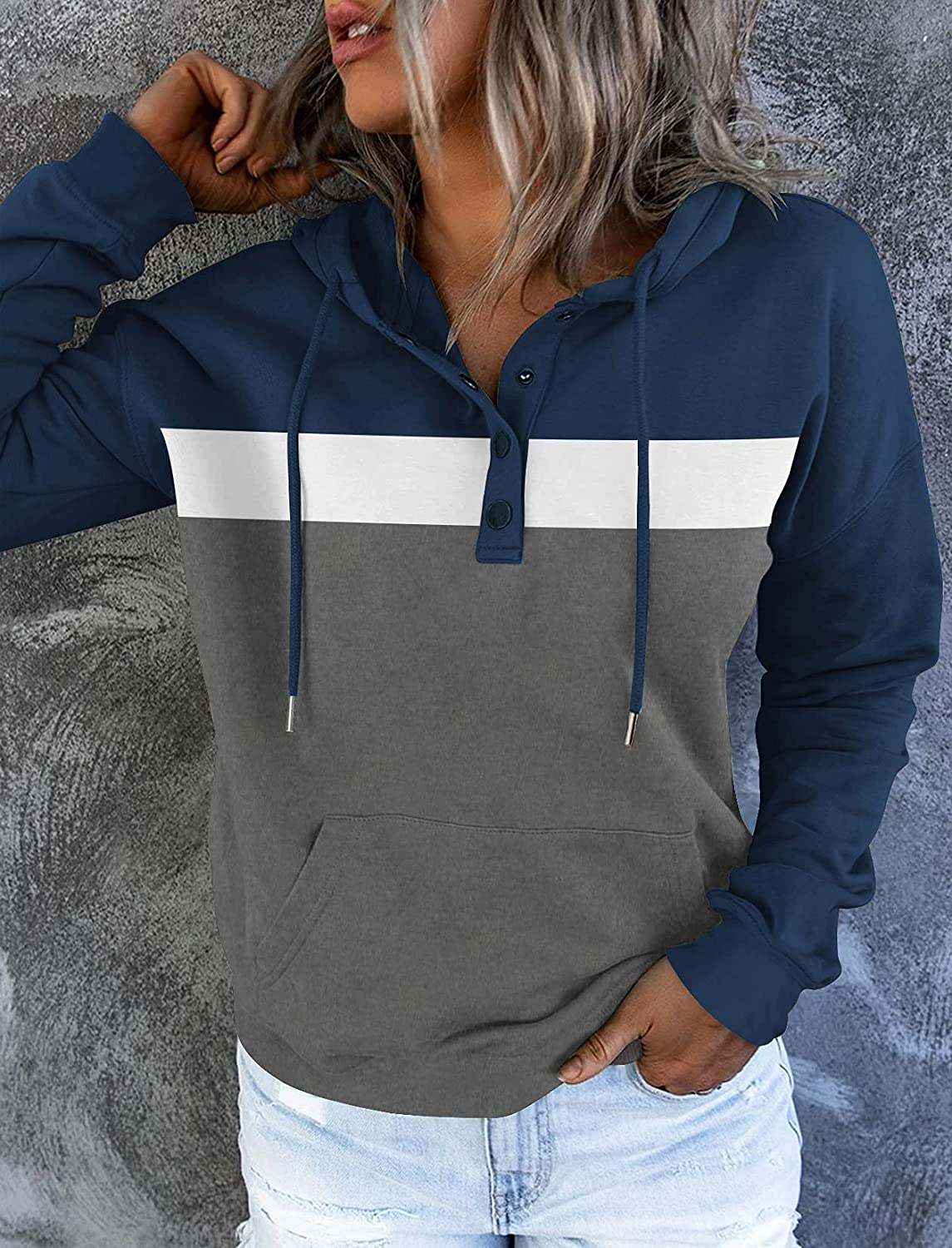 Women'S Casual Color Block Hoodies Long Sleeve Tops Button down Drawstring Pullover Sweatshirts with Pocket Apparel & Accessories > Clothing > Activewear Kylie Max